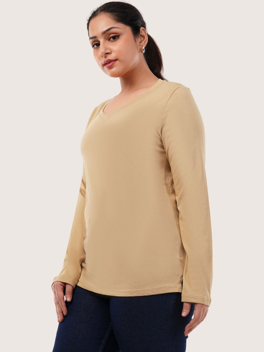 GlamZei Women Beige Solid Cotton Long Sleeve V-Neck Casual T-Shirts