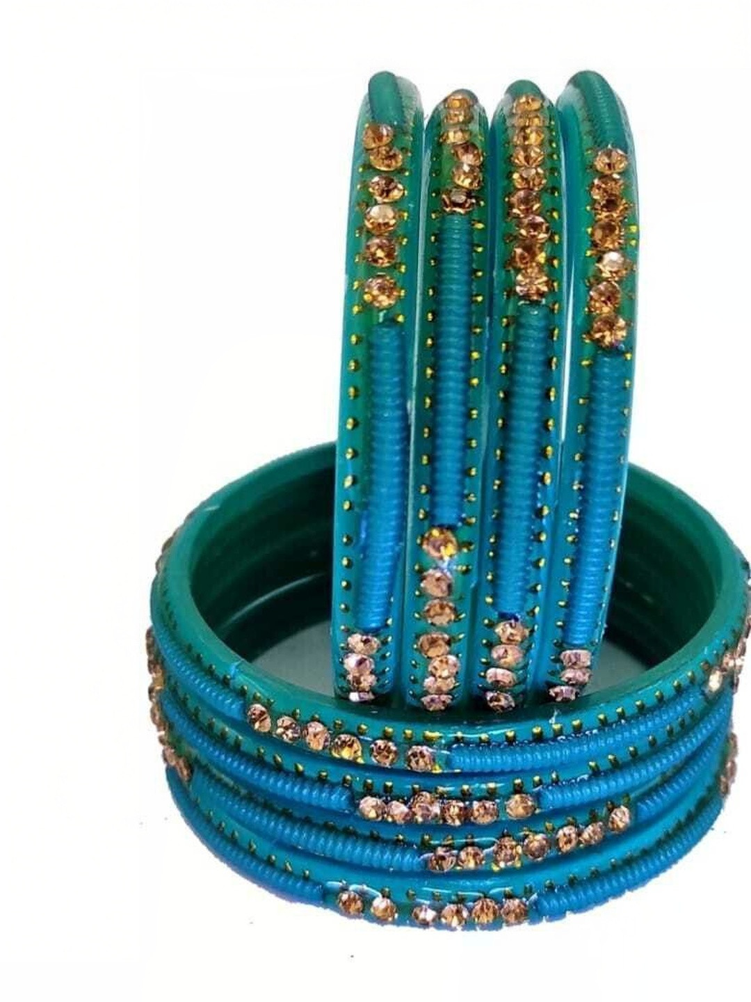 Adiba Fashion Factory Set Of 8 Turquoise Blue Glass Artificial Stones & Beads Bangle