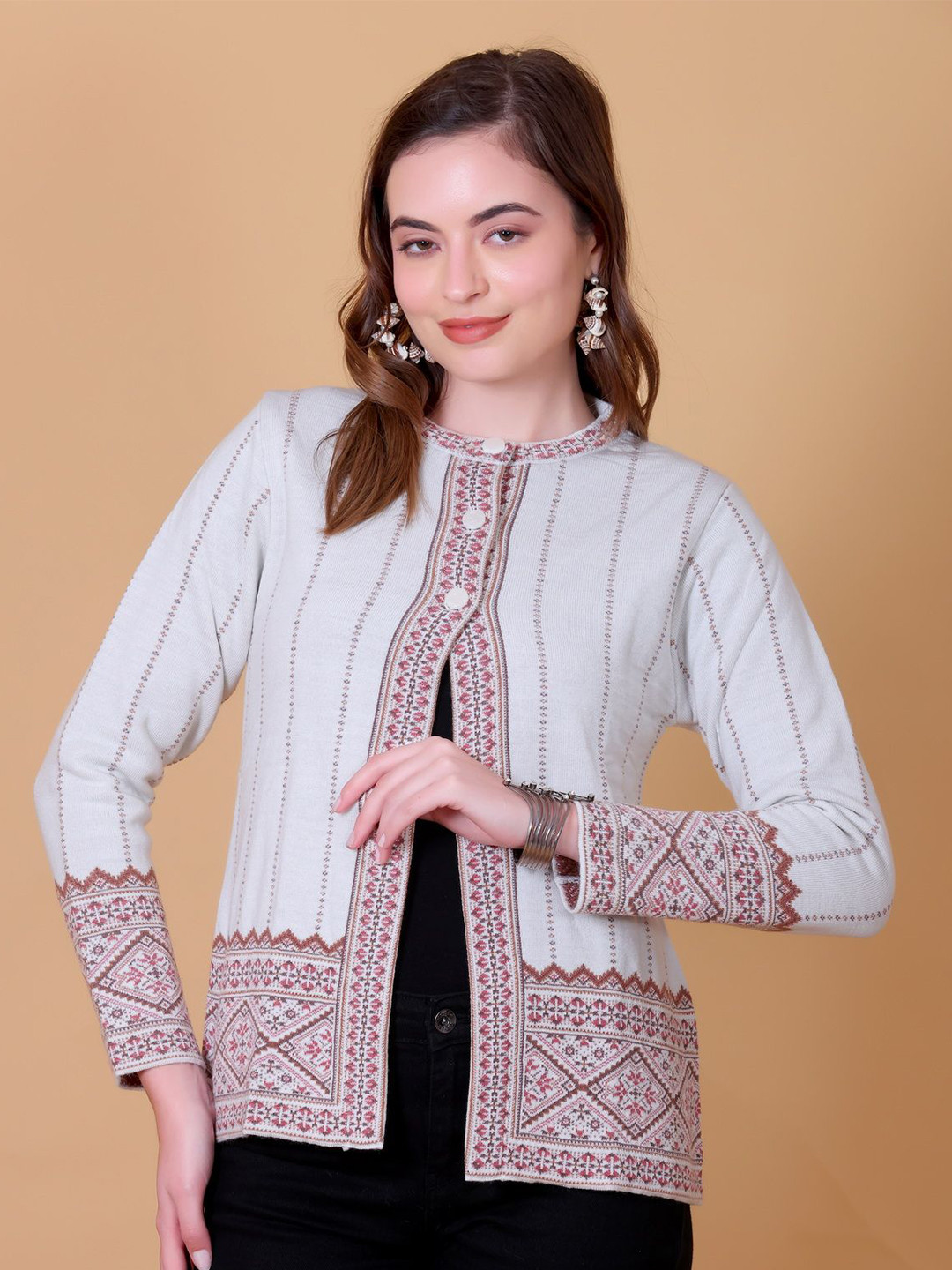 CUPID Women Jacquard Knitted Warm Woollen Cardigan