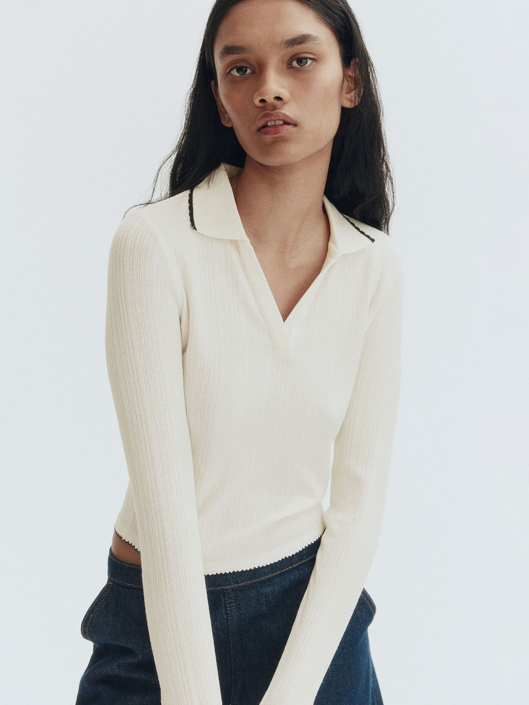 H&M Shirt Collar Rib-Knit Crop Top