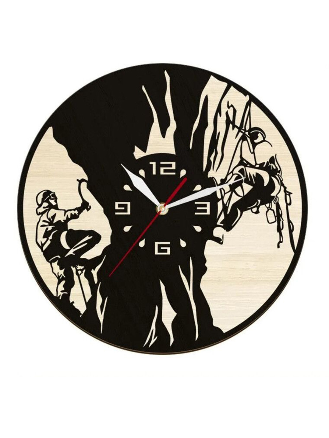 QEZNEF Beige & Black Wooden Printed Circular Battery Analogue Wall Clock