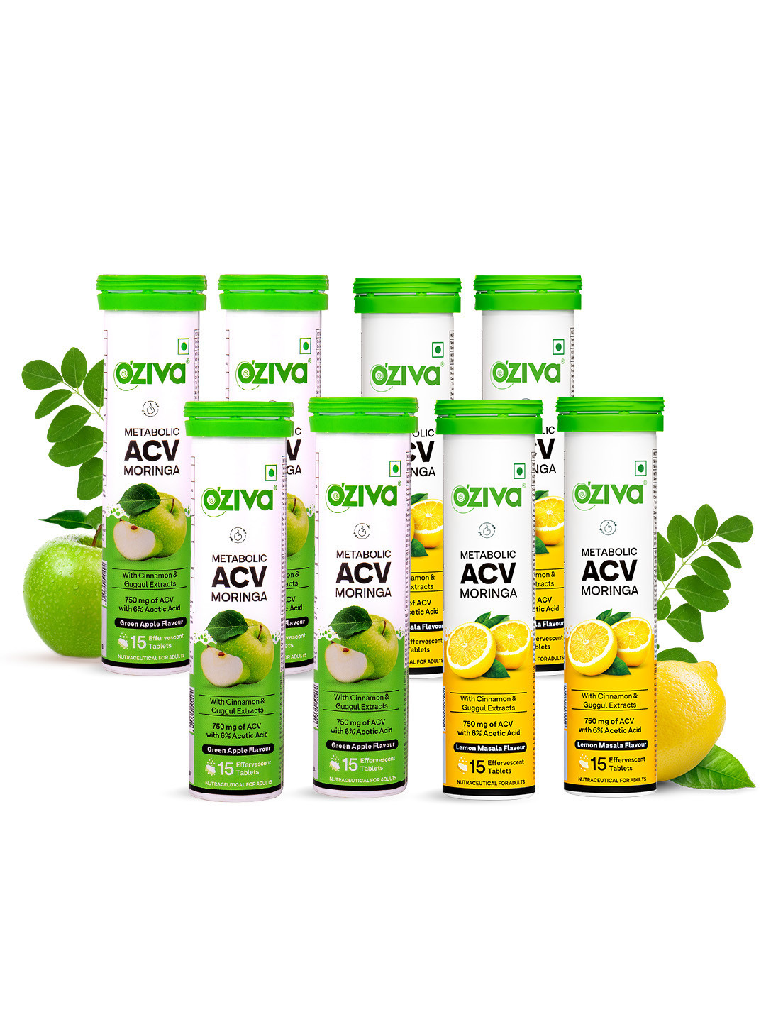 OZiva Set Of 8 ACV Moringa Apple Cider Vinegar & Lemon Masala Tablets- 15 Tablets