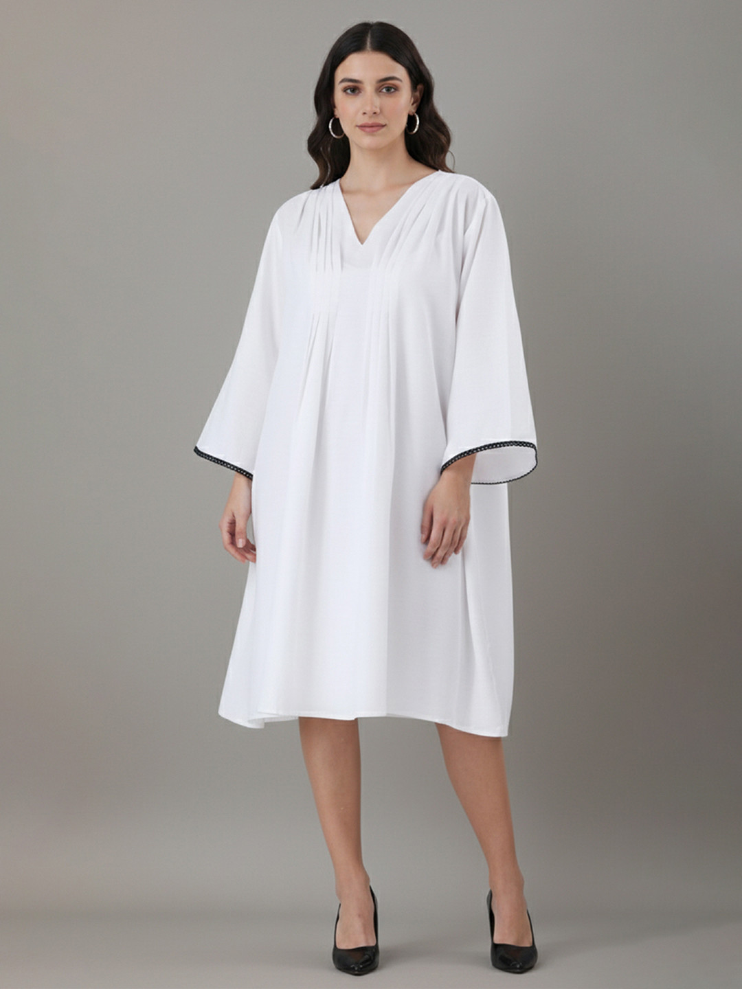 Qurvii White Solid Cotton Pleated Pintuck Tunic Dress