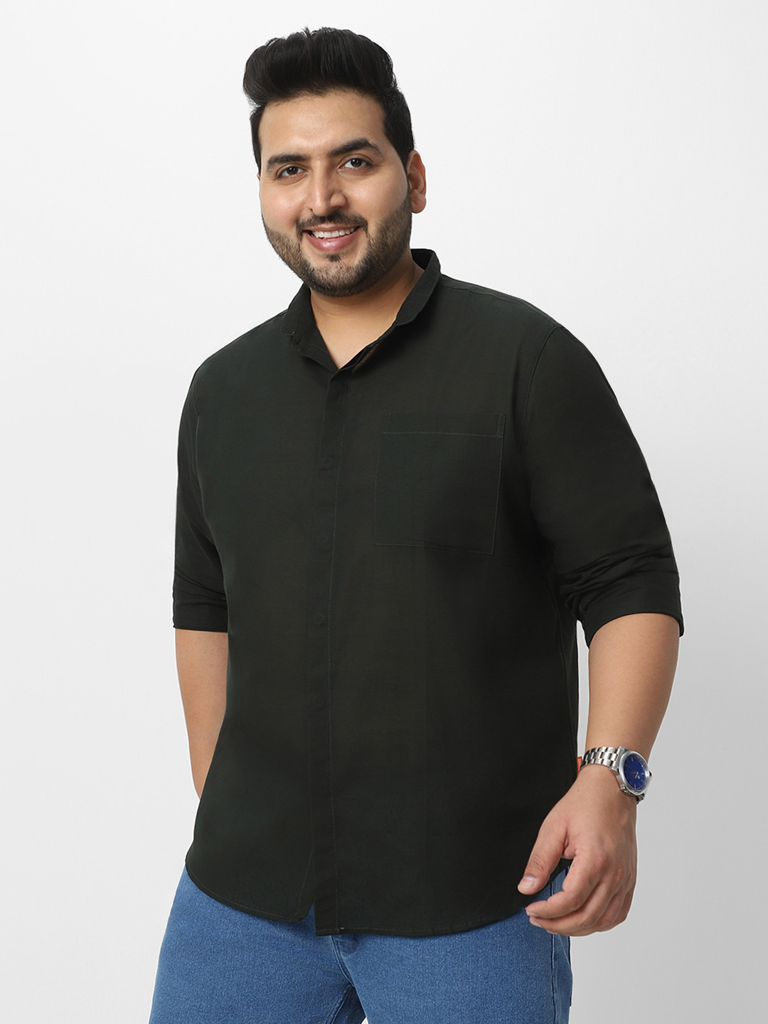 Urbano Plus Regular Fit Band Collar Long Sleeves Lightweight Slub Cotton Casual Shirt