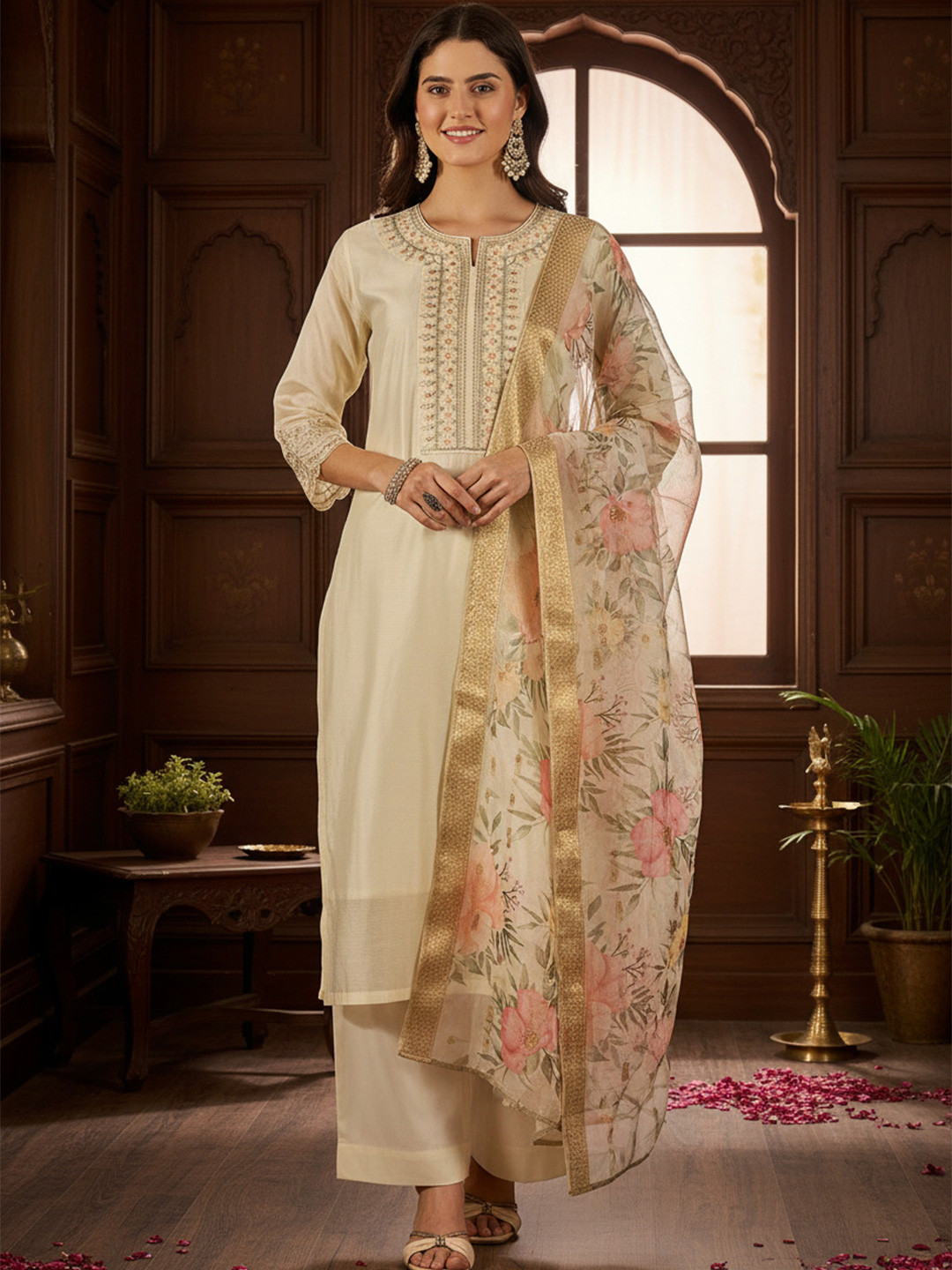 HERE&NOW Women Floral Embroidered Regular Thread Work Chanderi Cotton Kurta with Palazzos & With Dupatta