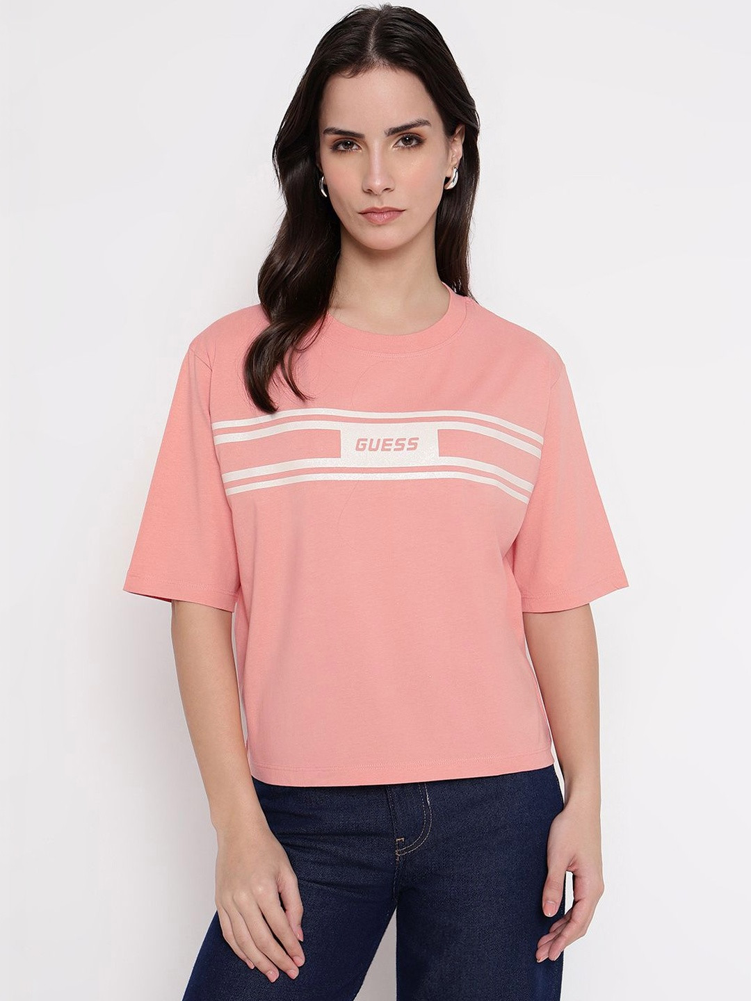 GUESS Women Brand Logo Printed Drop-Shoulder Sleeves T-shirt