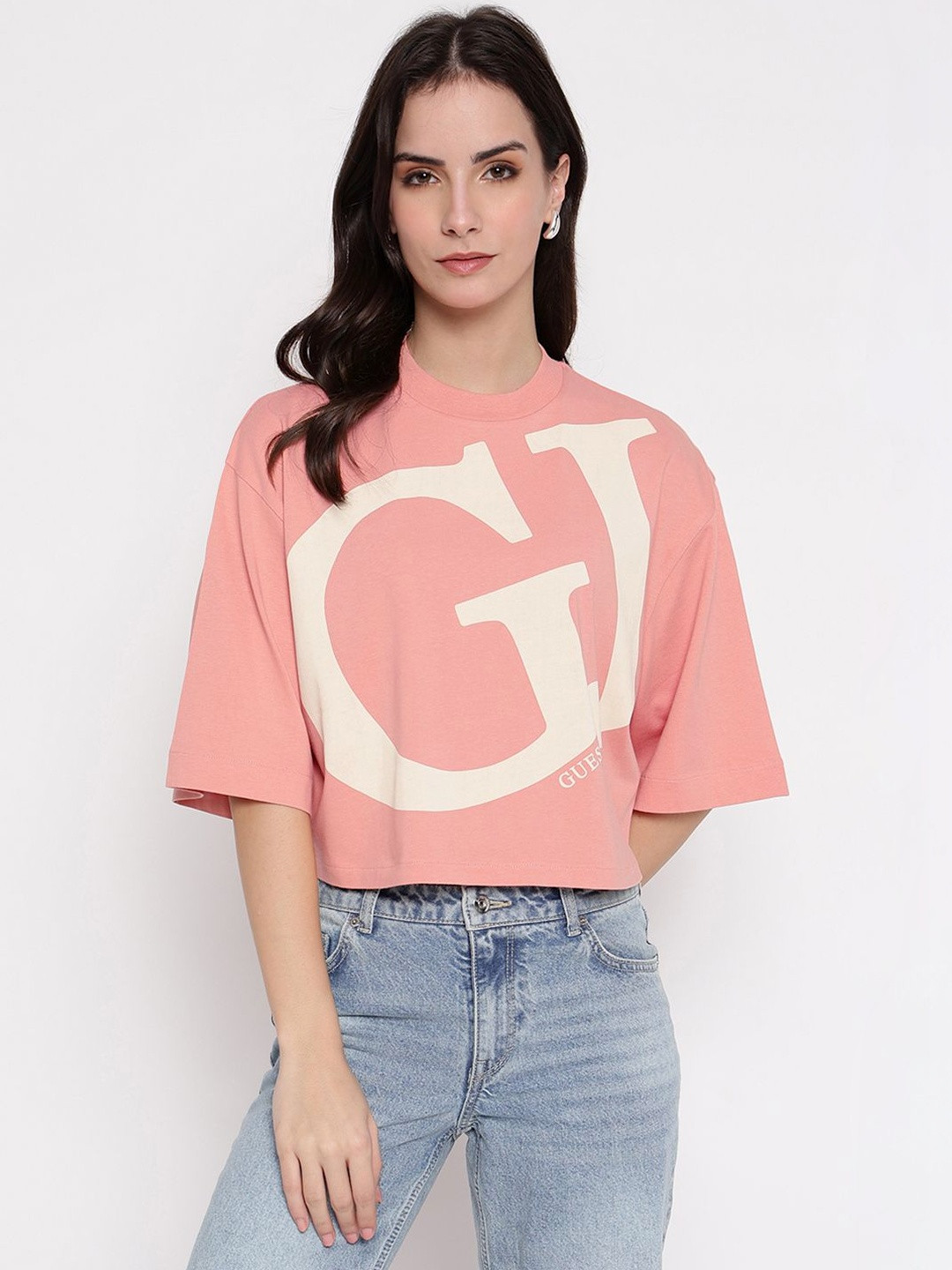 GUESS Women Brand Logo Printed Drop-Shoulder Sleeves T-shirt