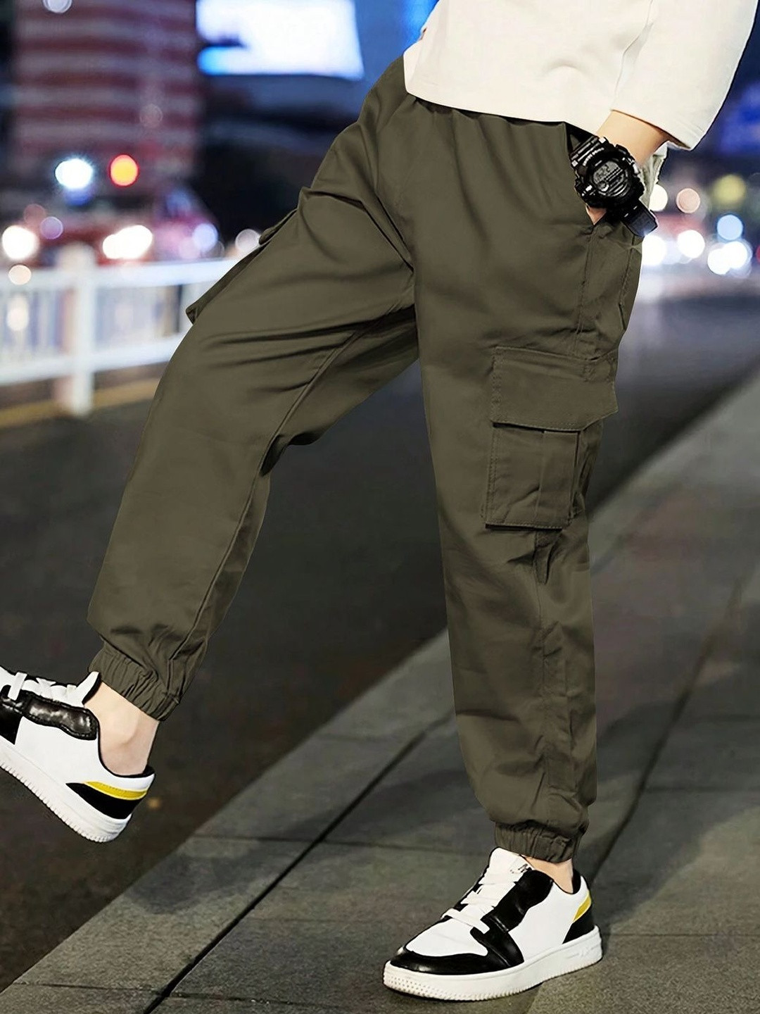 TIOR Boys Solid Relaxed Fit Cotton Classic Cargos Trousers