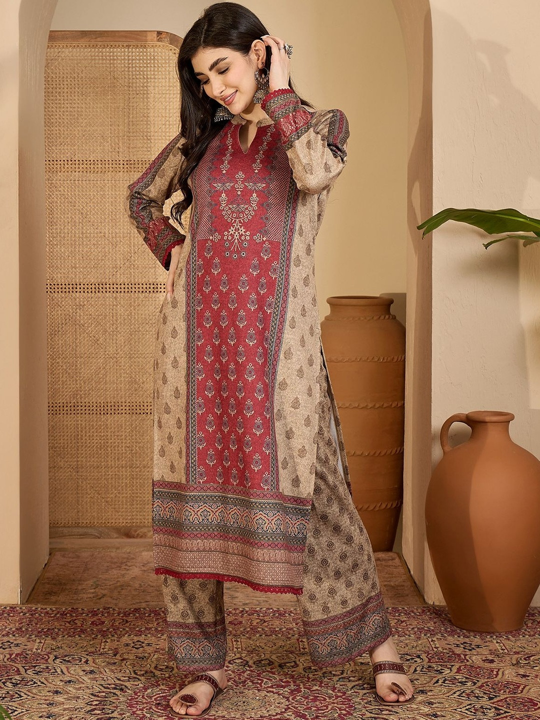 Sangria Women Mandarin Collar Kurta Set With Dupatta