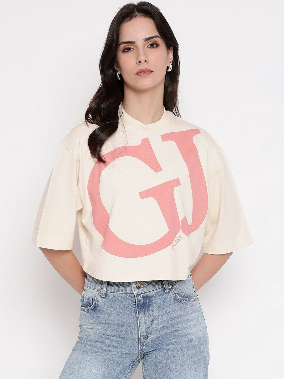 GUESS Women Brand Logo Printed Drop-Shoulder Sleeves T-shirt