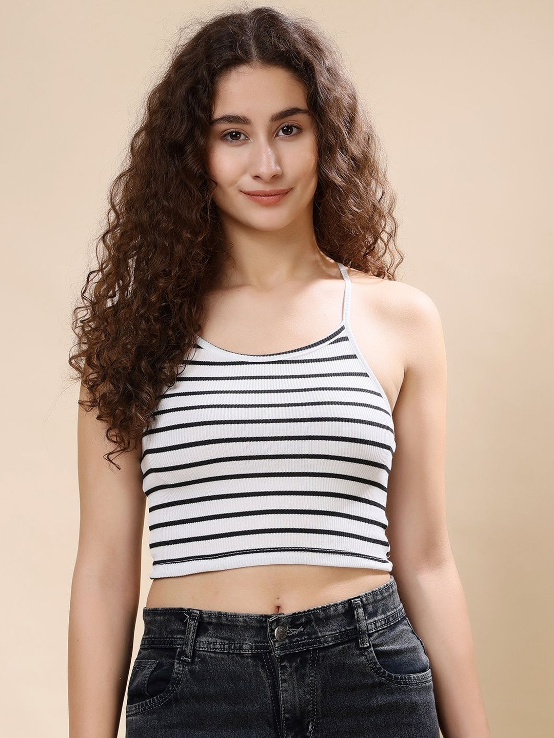 CORSICA Womens Striped Cotton Ribbed White Tank Crop Top