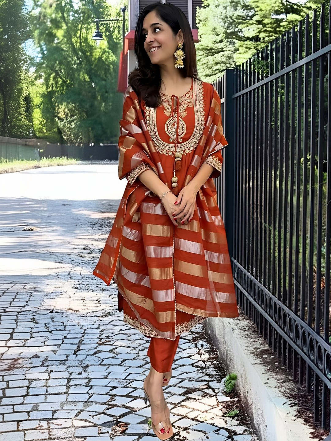 Growdamy Women Ethnic Motifs Embroidered Regular Beads and Stones Kurta with Trousers & With Dupatta