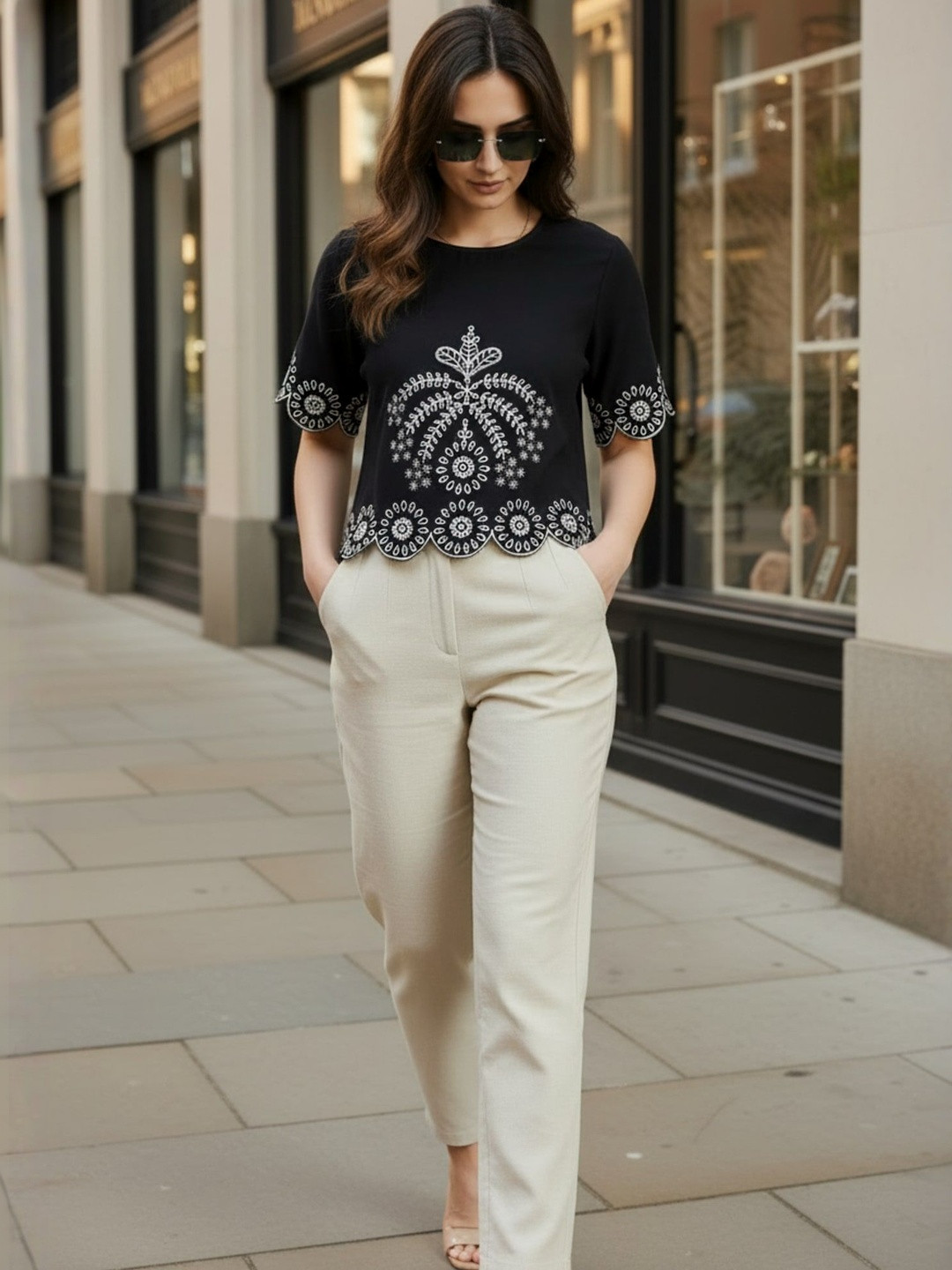 ZUMMER Embellished Embroidered Cotton Top