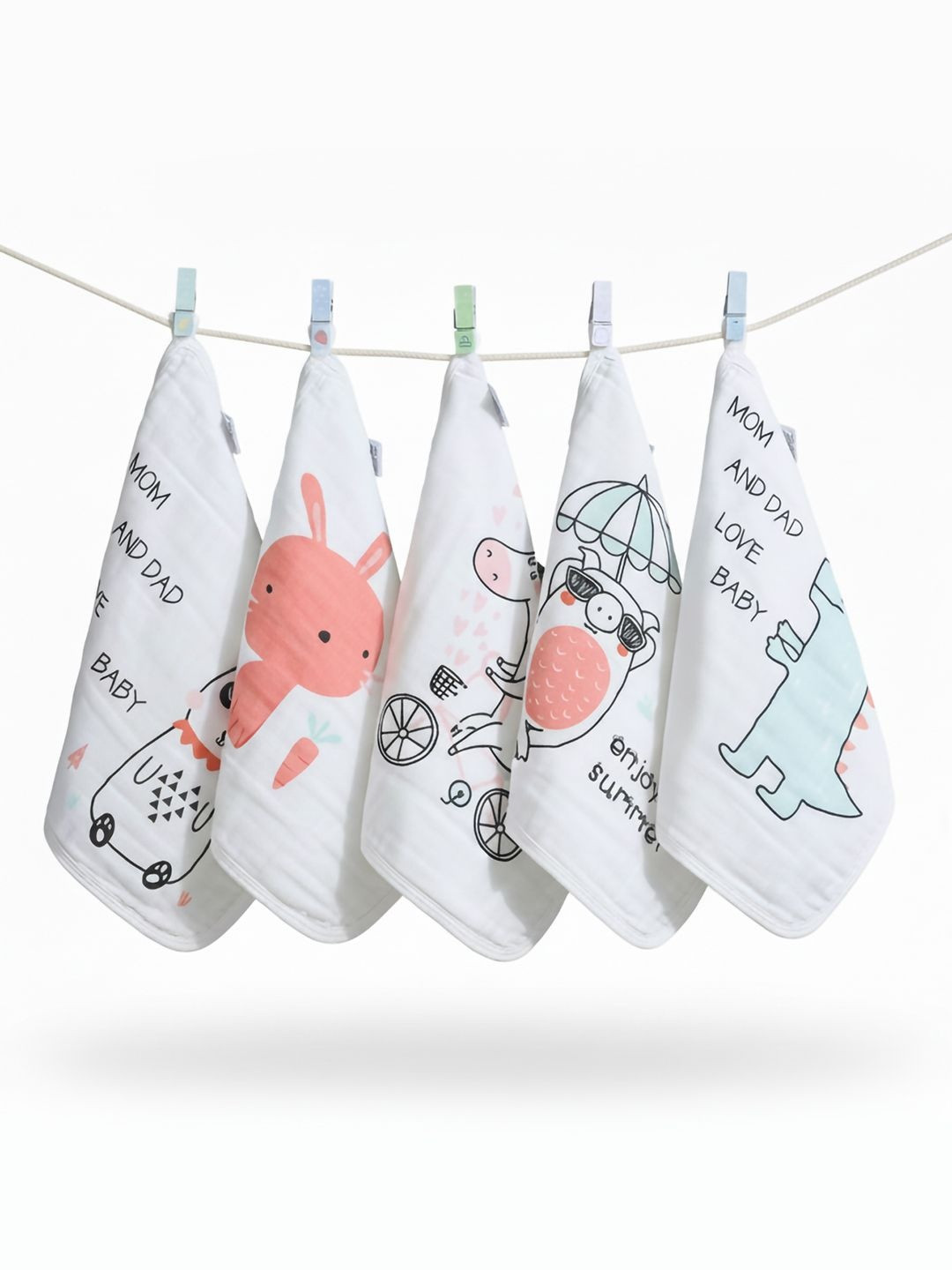 Baby Moo Set Of 5 Cartoon Print Soft Hankies - White