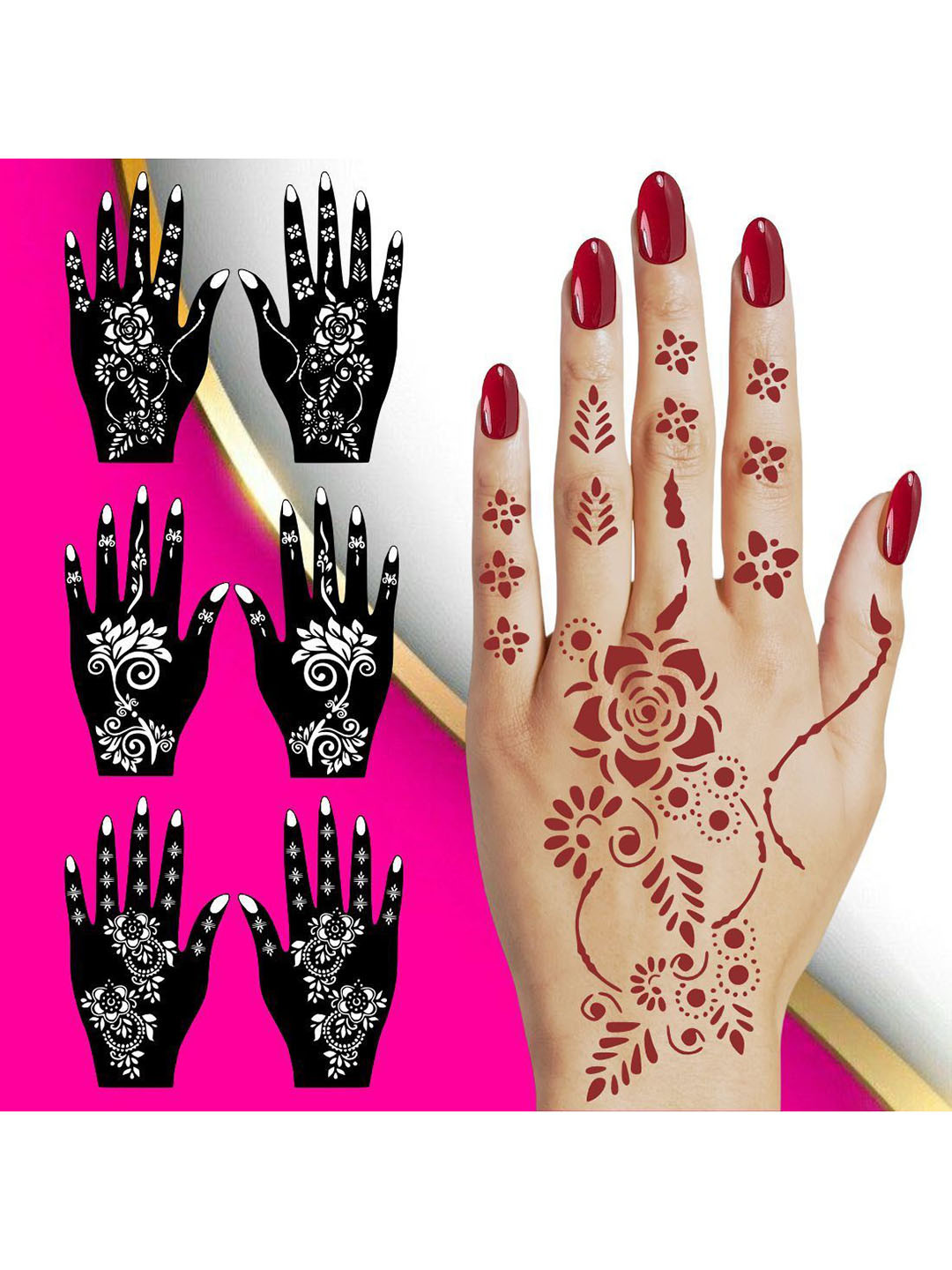 VOORKOMS Pack Of 3 Mehndi Stencil Stickers for Henna Beauty