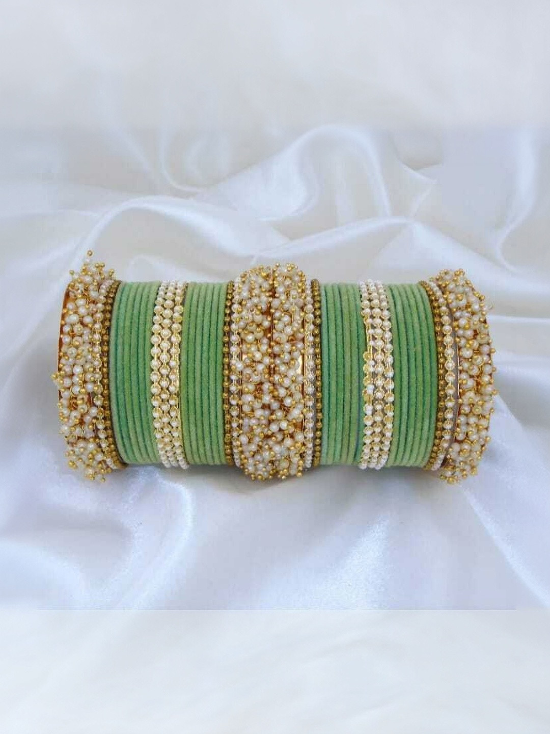 Only Offers Beige and Green Glass Artificial Stones Bangle