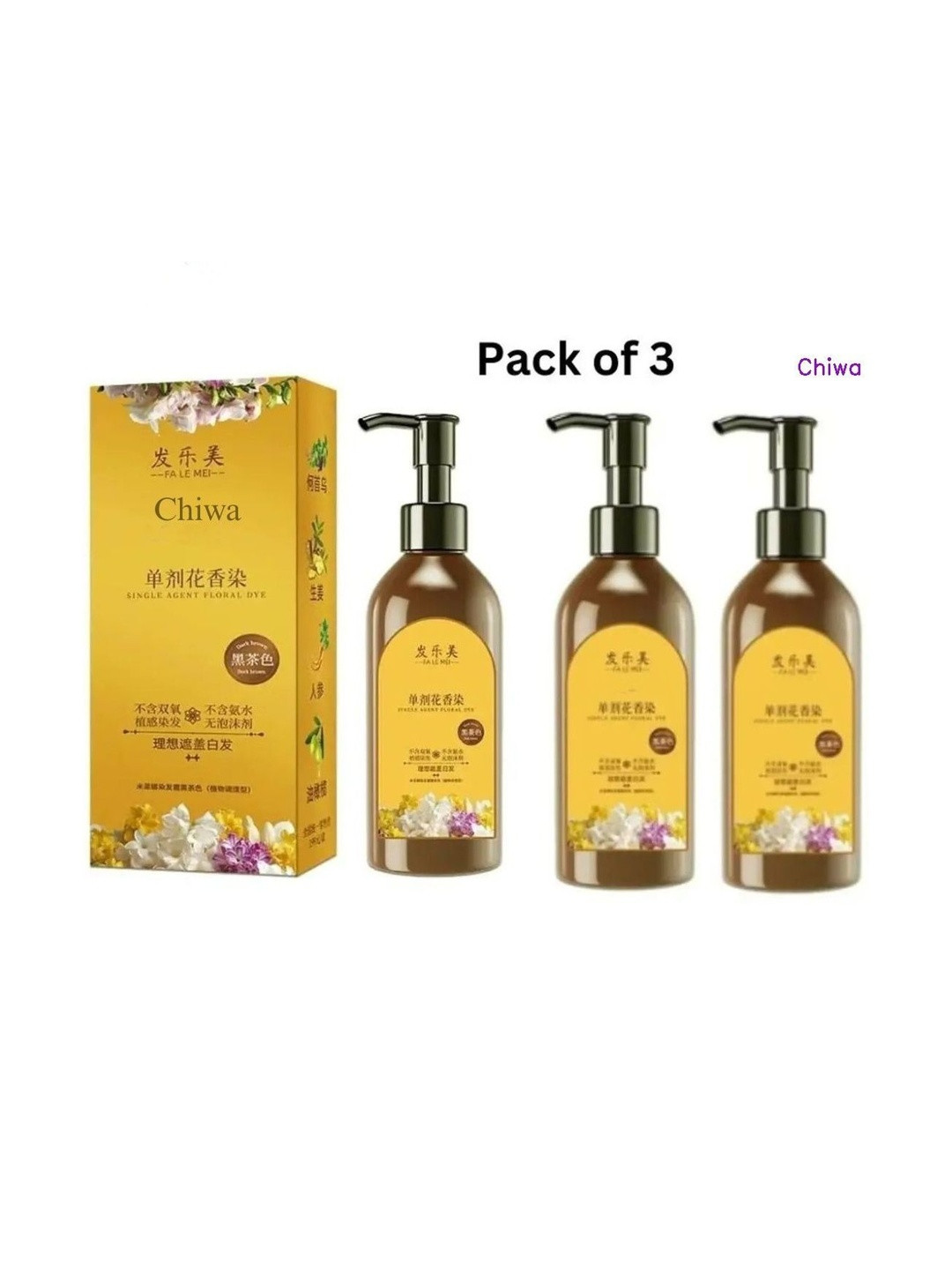 CHIWA Set Of 3 Single Agent Floral Hair Dye - 100 ml Each - Dark Black