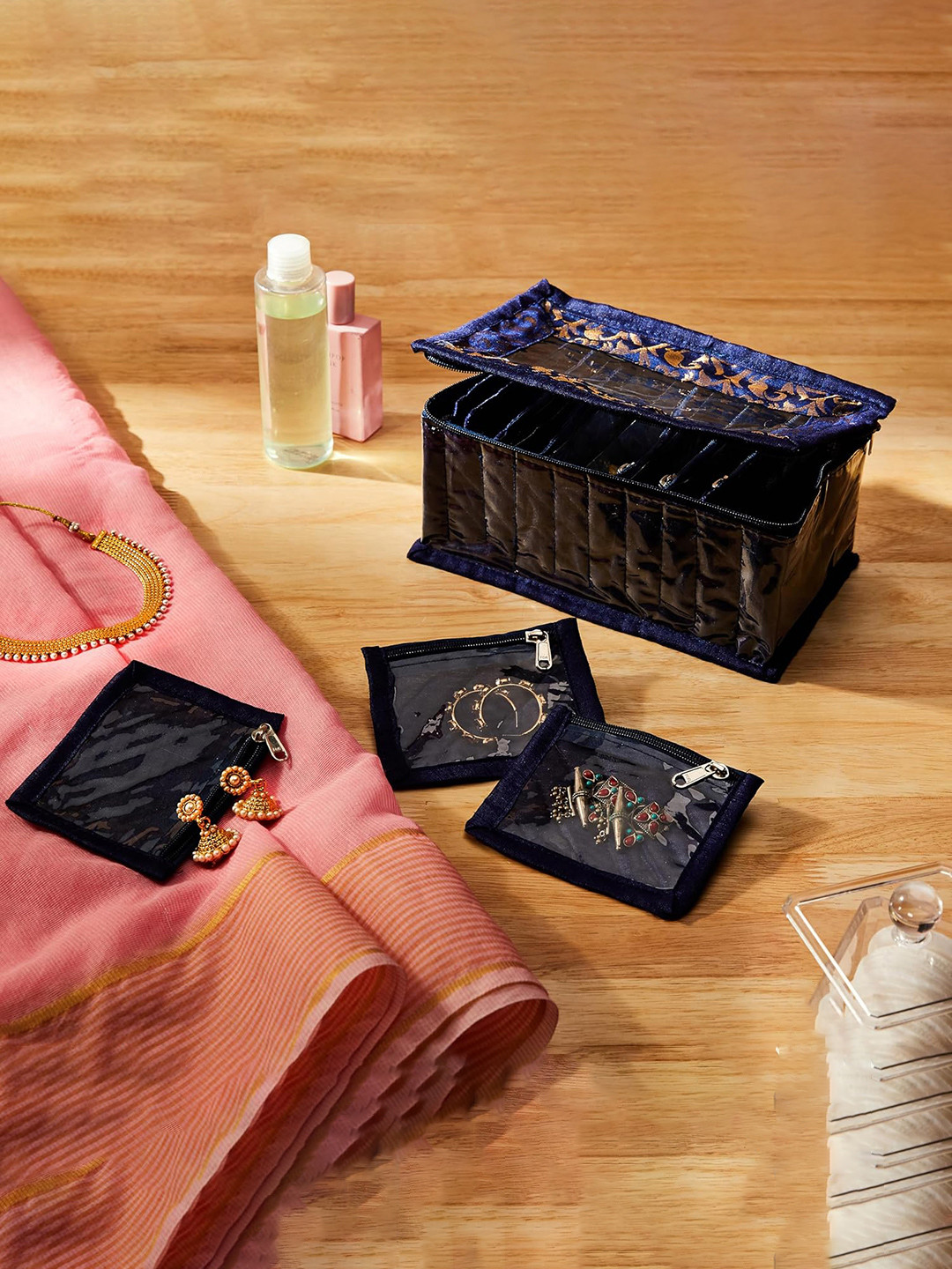 Kuber Industries Blue Solid Jewellery Organizer With 10 Pouches