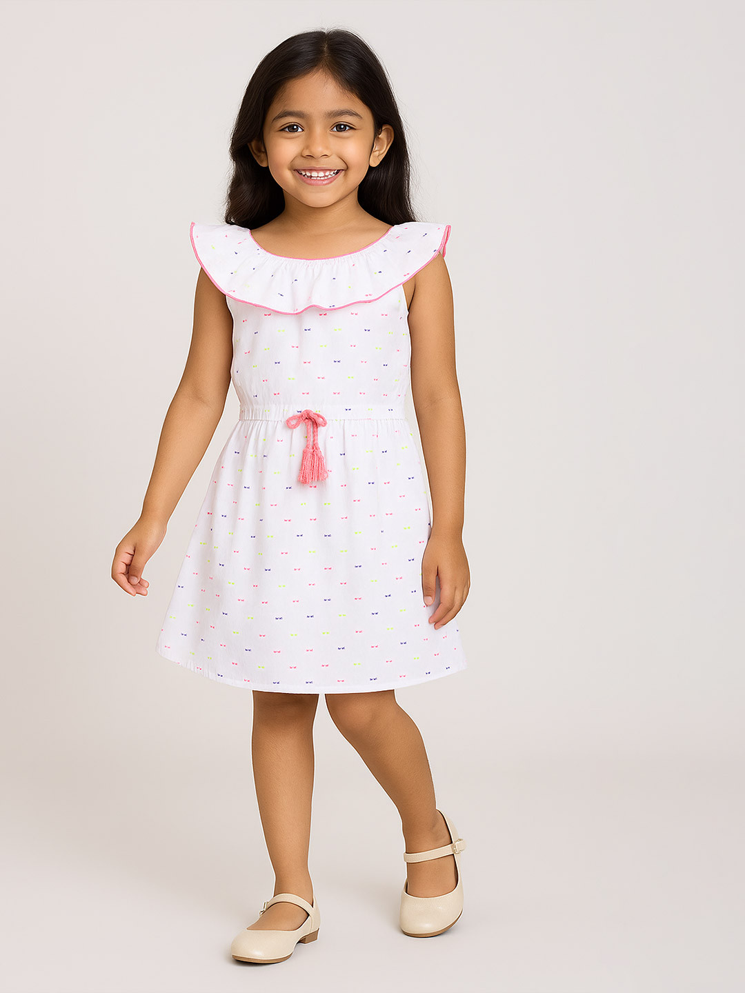 Miyo Girls White Self Design Fit and Flare Dress
