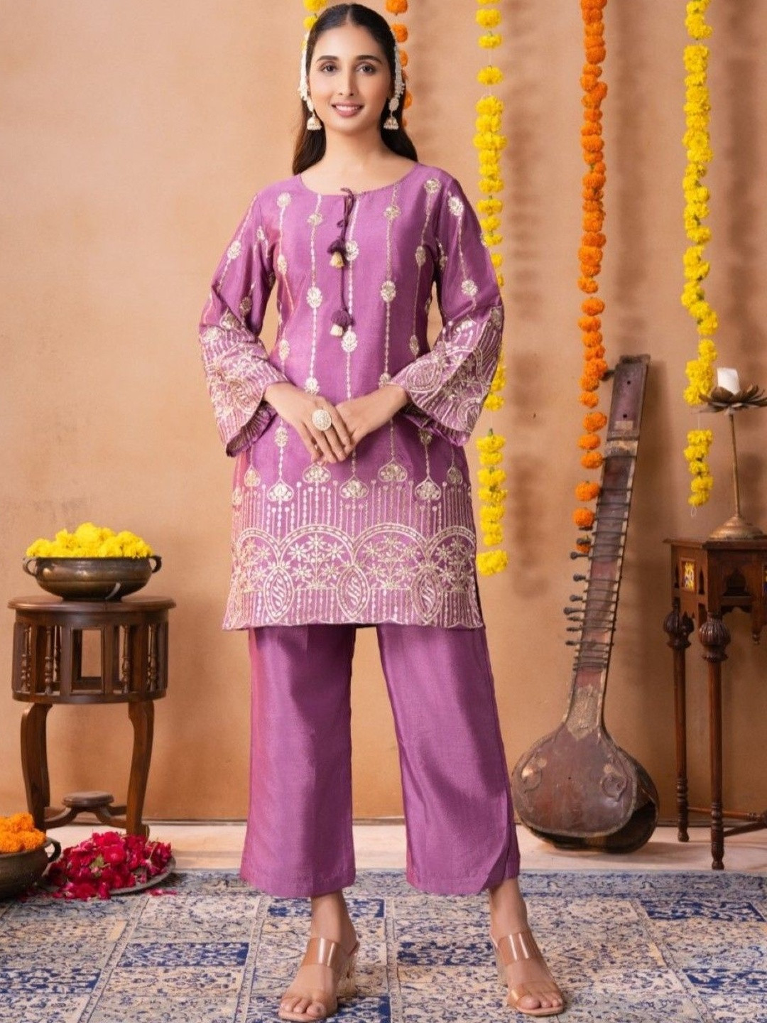 AUTUMN LANE Women Lavender Keya Lily Work Embroidered Round Neck Co-ord set