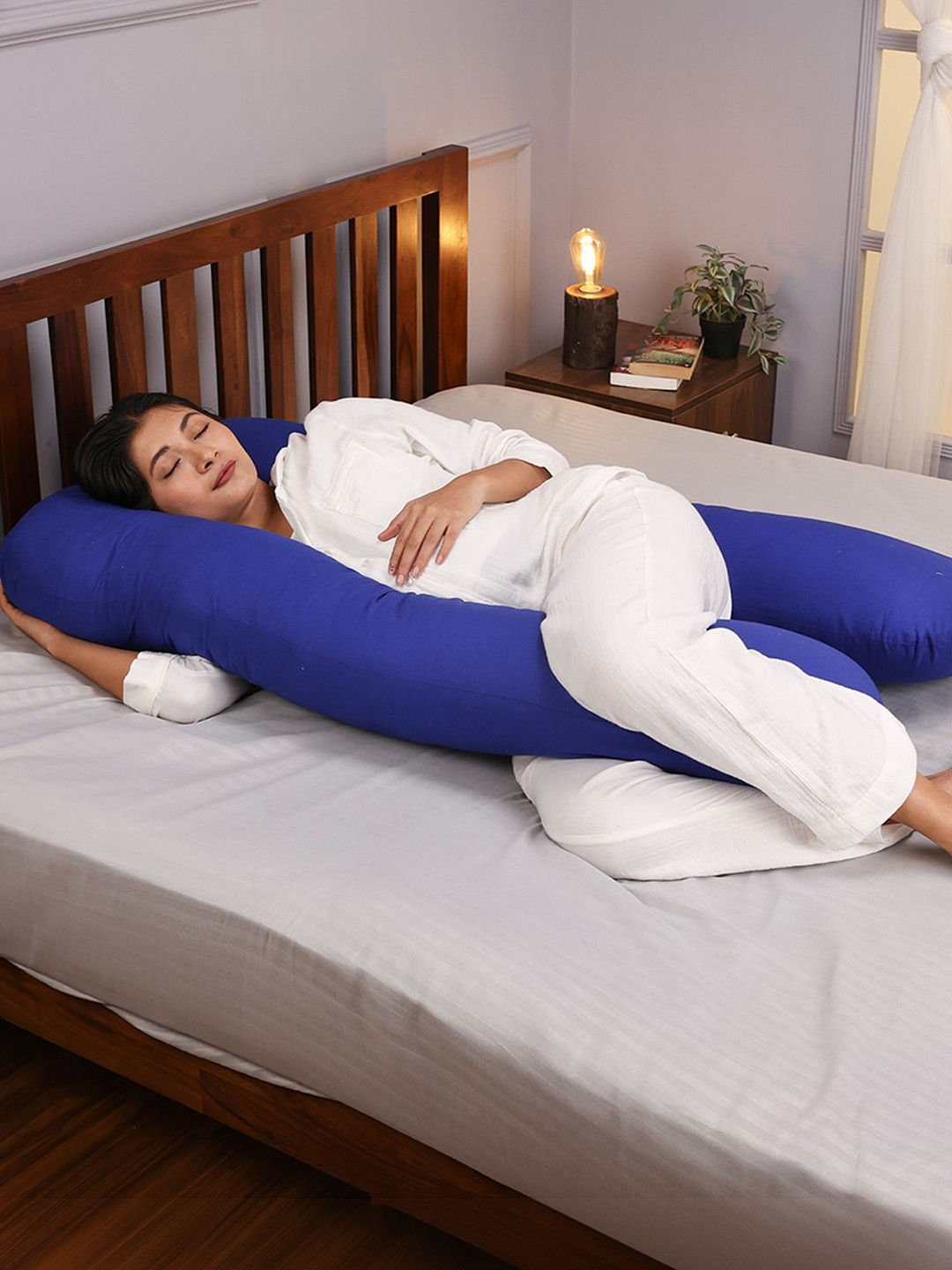 Sleepstore Women Solid Blue Fibre Filled Cotton U-Shape Maternity Pillow