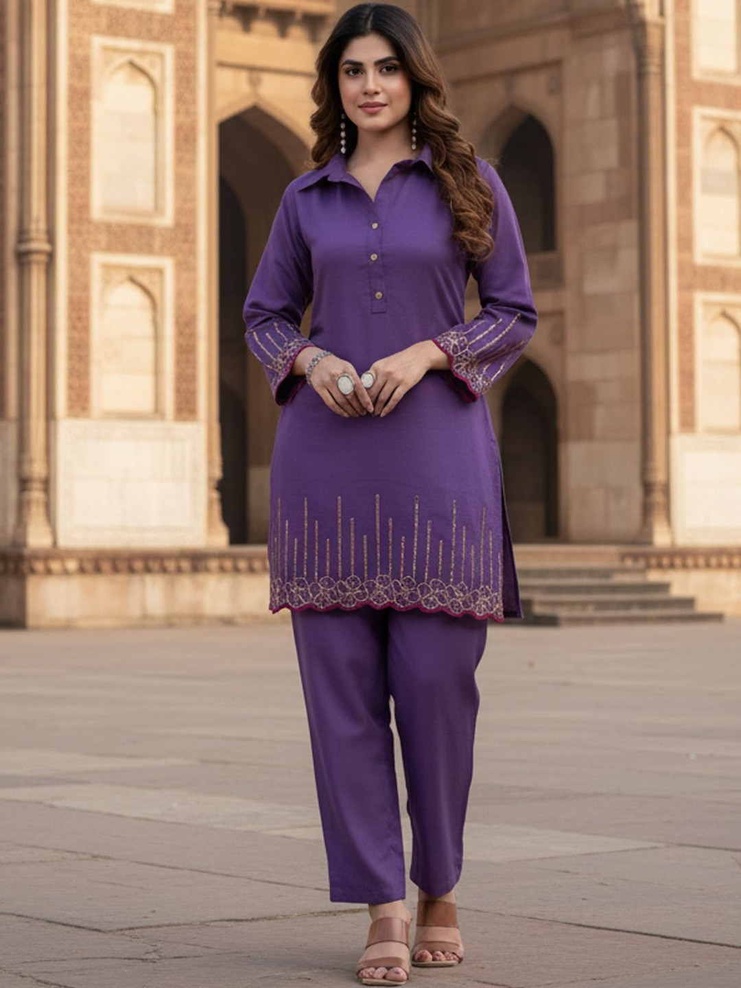 STYLE SAMSARA Embroidered Shirt Collar Top With Trousers Co-Ords