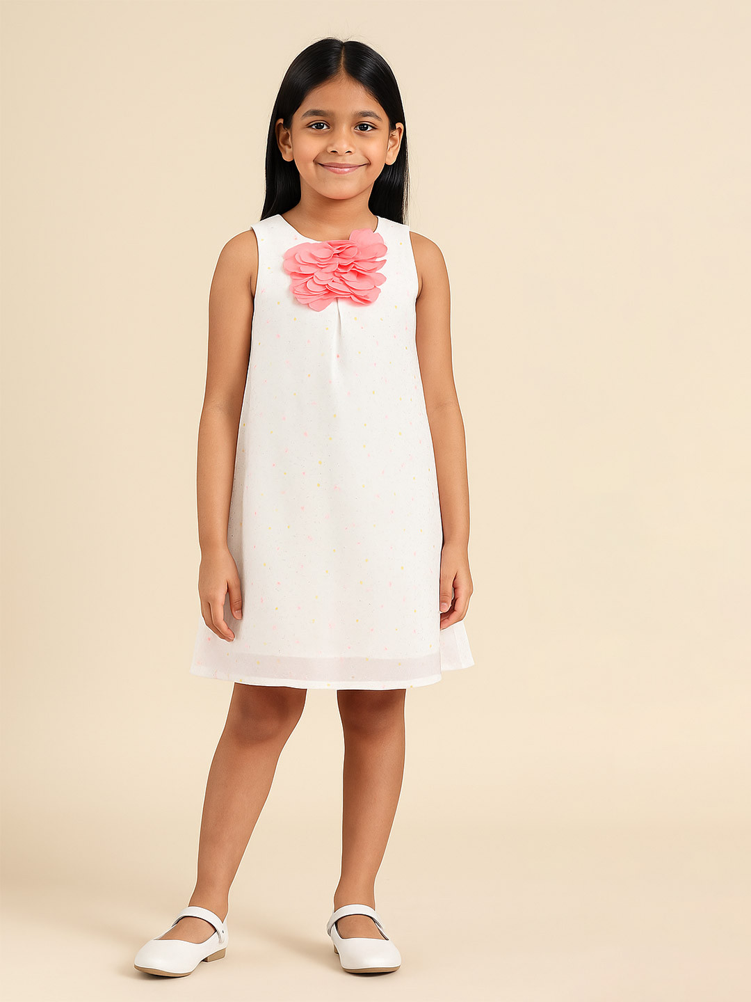 Miyo White & Coral A-Line Cotton Dress
