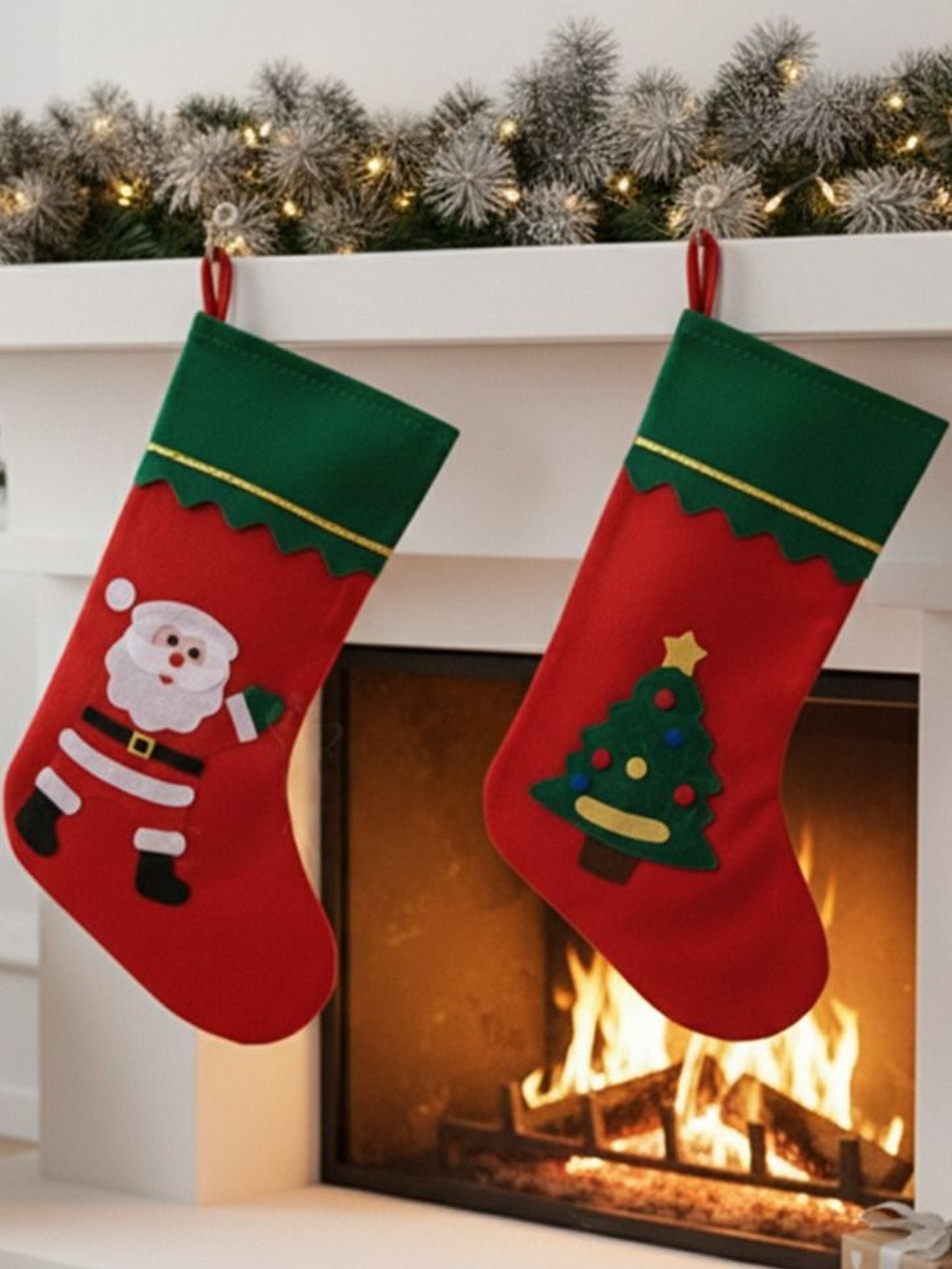 CraftVatika 2-Pcs Red & Green Christmas Socks Festive Decor