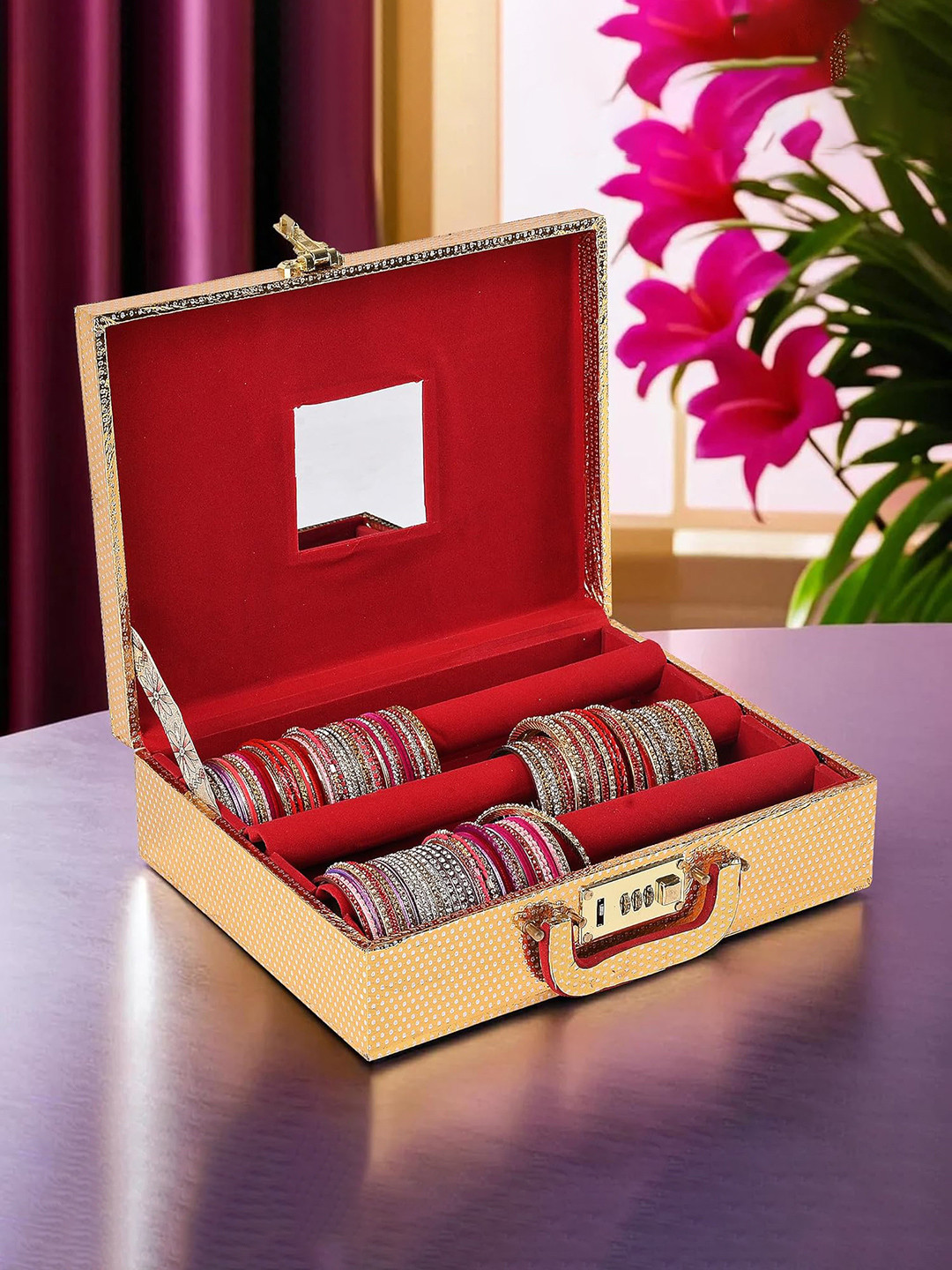 Kuber Industries Gold-Toned Self Design Wooden Bangle Storage Box With Lock System