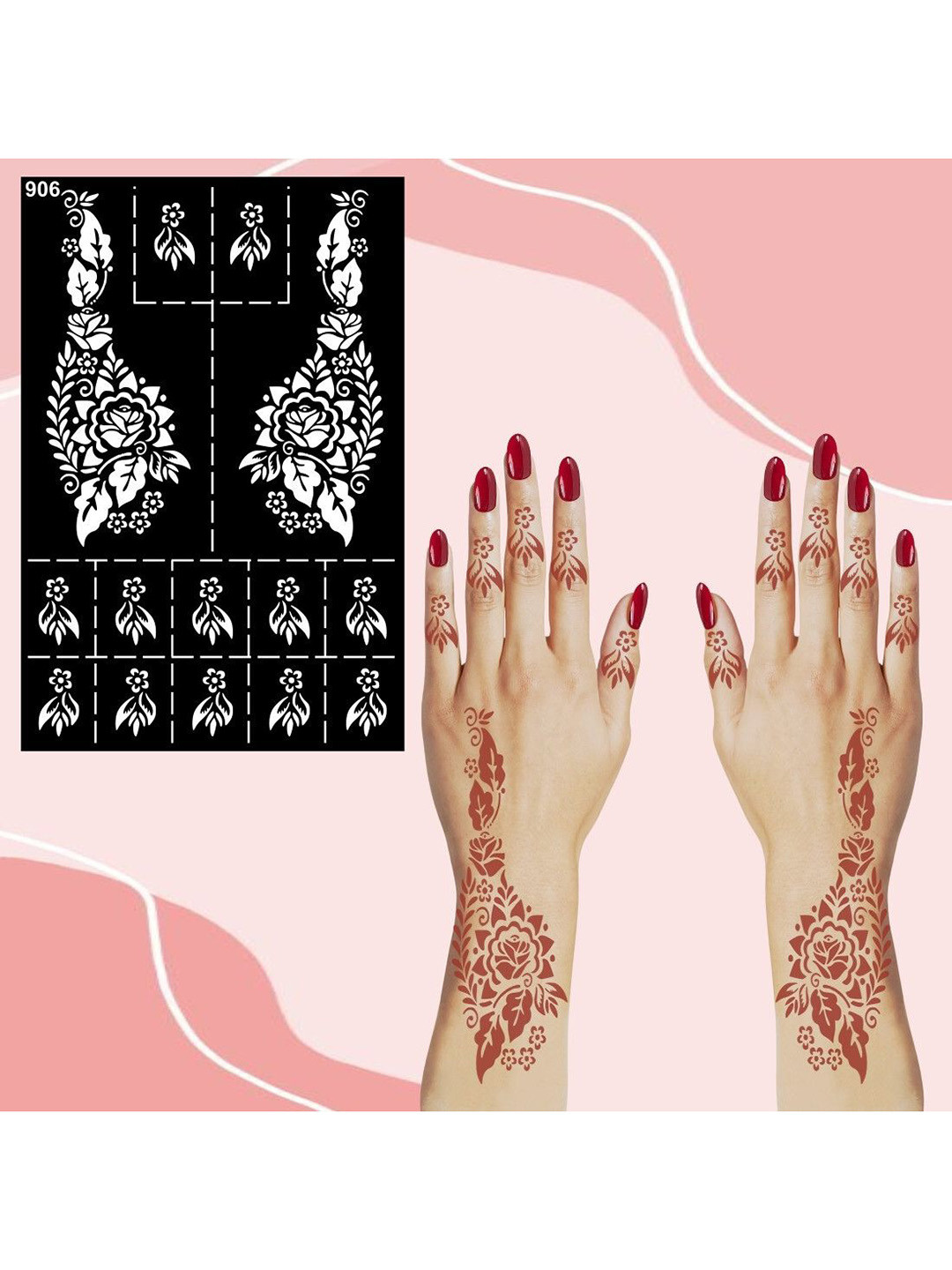 VOORKOMS Rose Design Mehndi Stencil And Bold Leaf Detailing For Hands