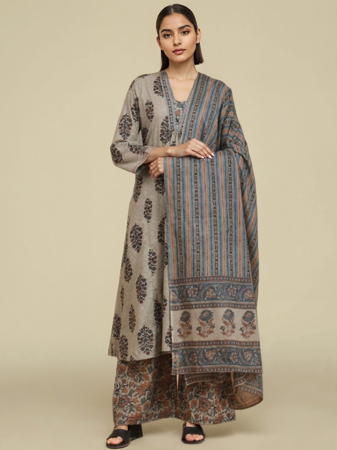 GULMEHAK Women's Block Print Cotton Grey Stitched Kurta Palazzo With Dupatta