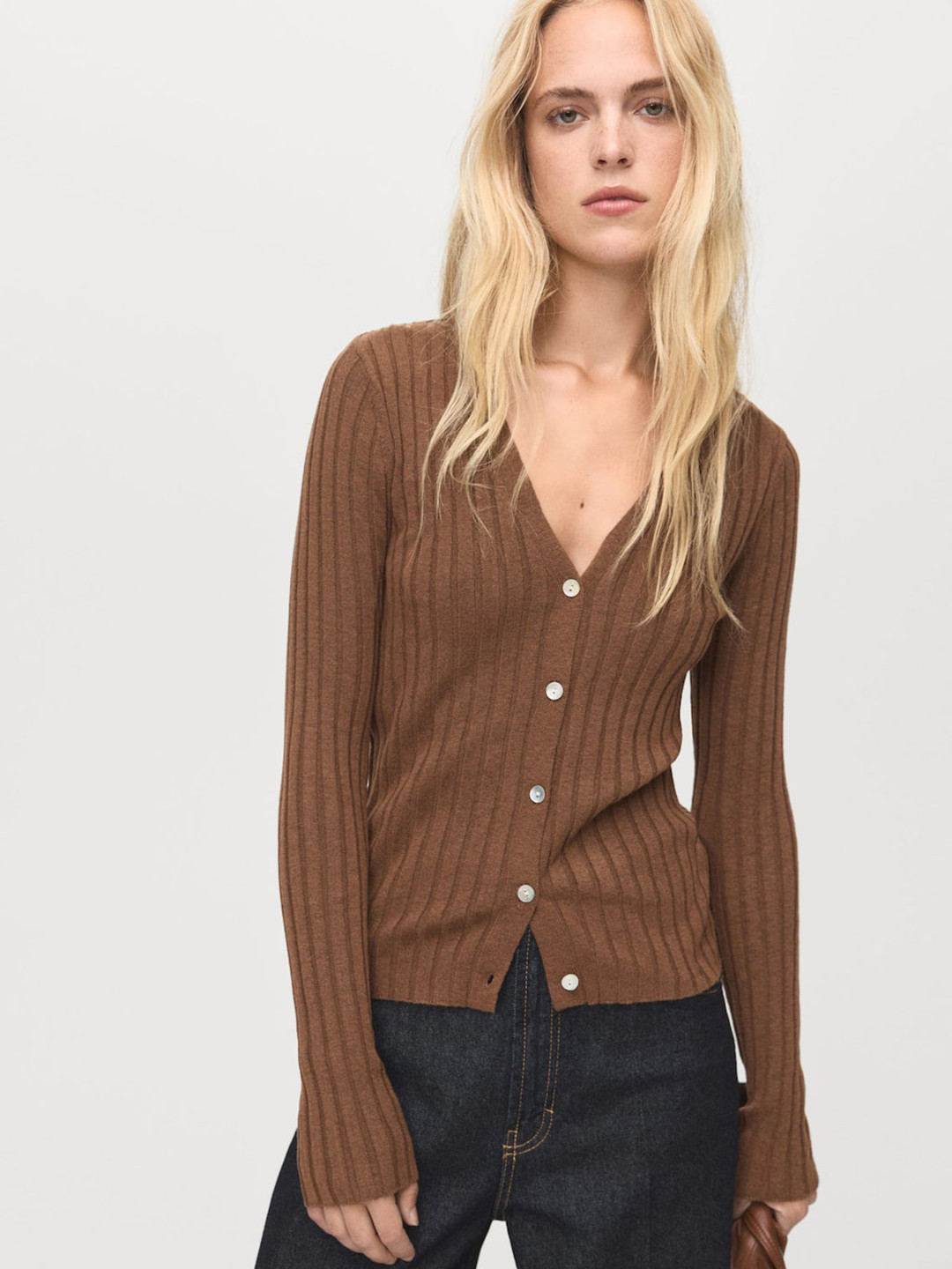 MANGO Ribbed V-Neck Cardigan