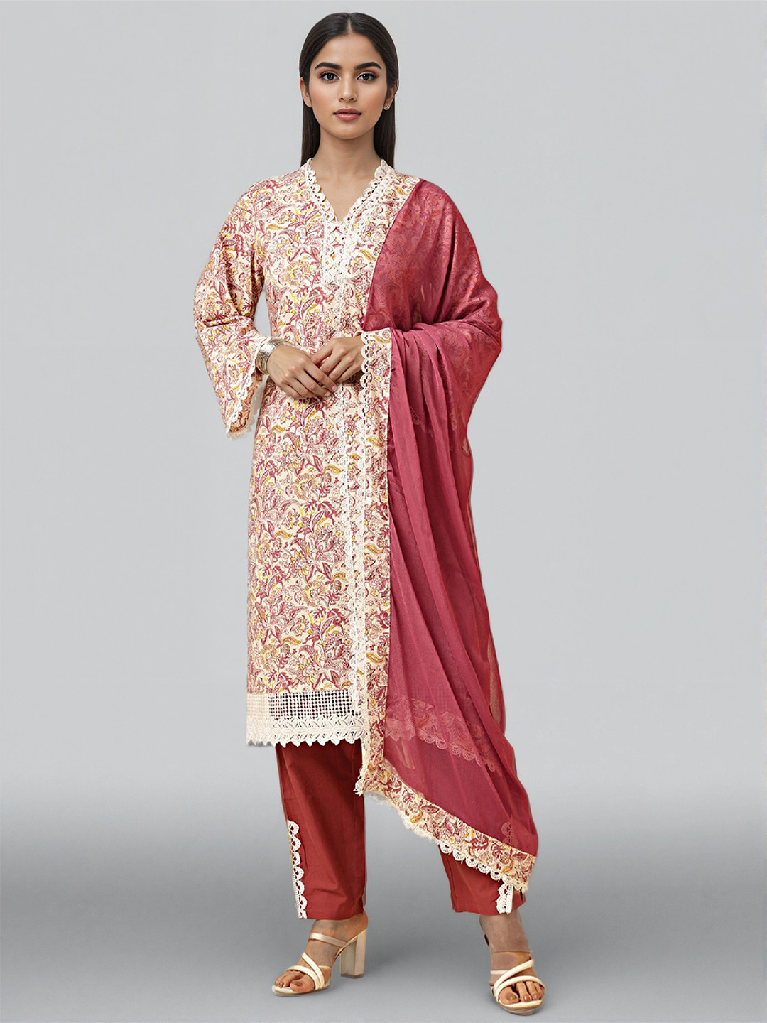 GULMEHAK Floral Printed V-Neck Pure Cotton Straight Kurta & Trousers With Dupatta