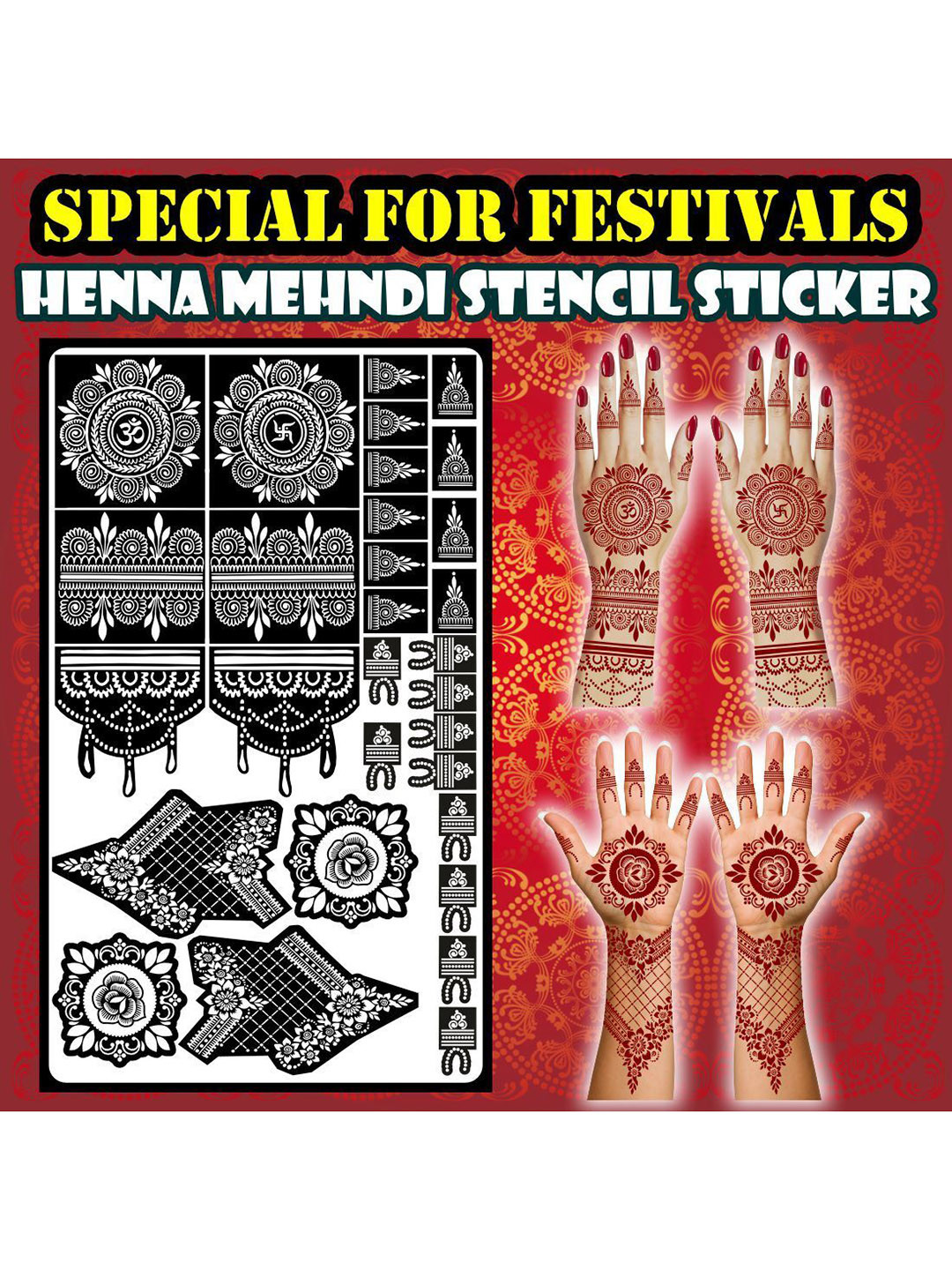 VOORKOMS Floral & Sacred Symbol Mehndi Stencil Sheet with Mandala Style Om Design