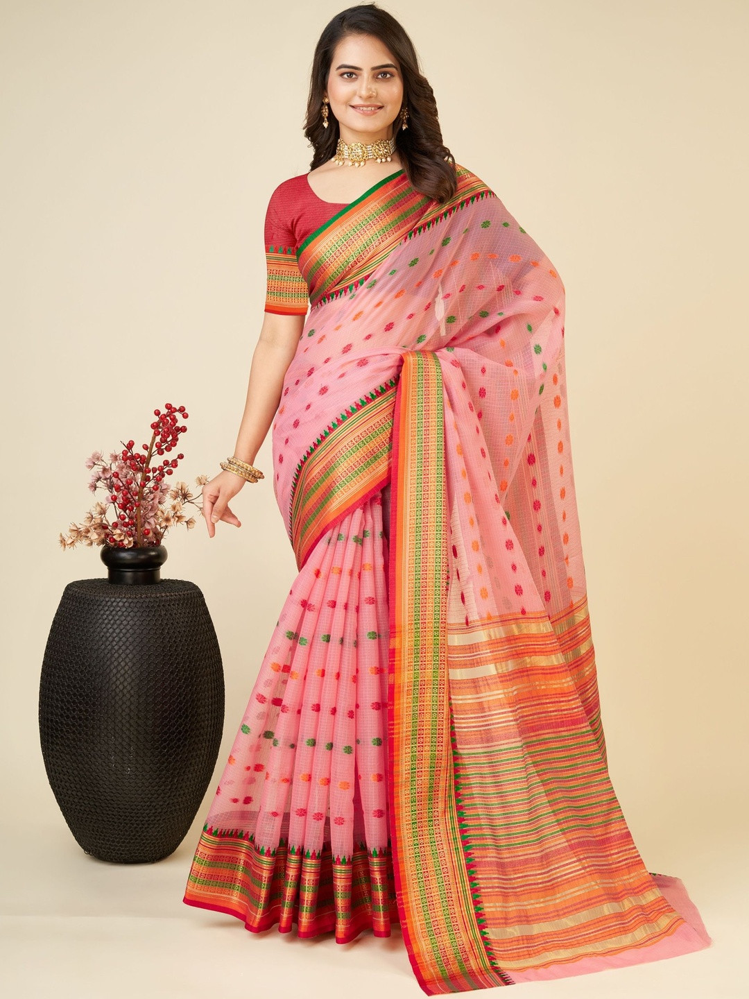 VS MALL Polka Dot Zari Saree