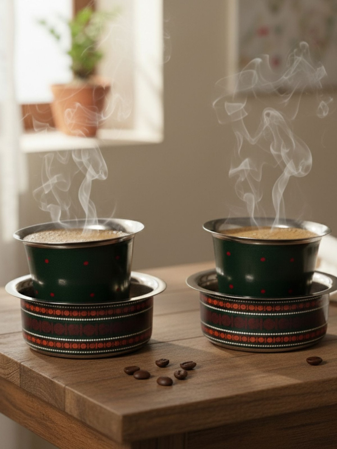 Peepul Tree Steel & Green Textured Stainless Steel Glossy Cups Set of Cups and Mugs