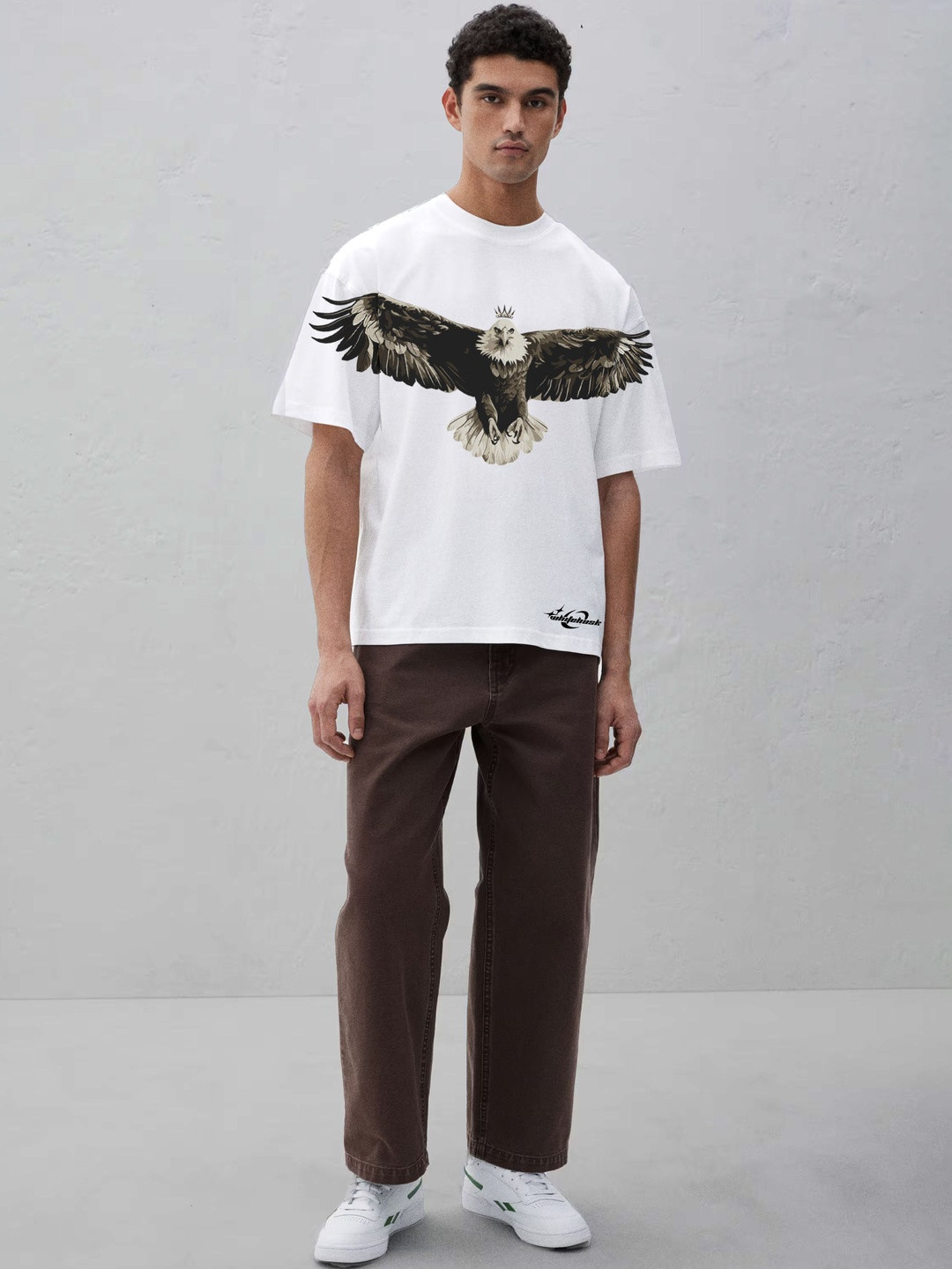 WHITE HUSK Men Flying High Graphic Printed Oversized Tshirt