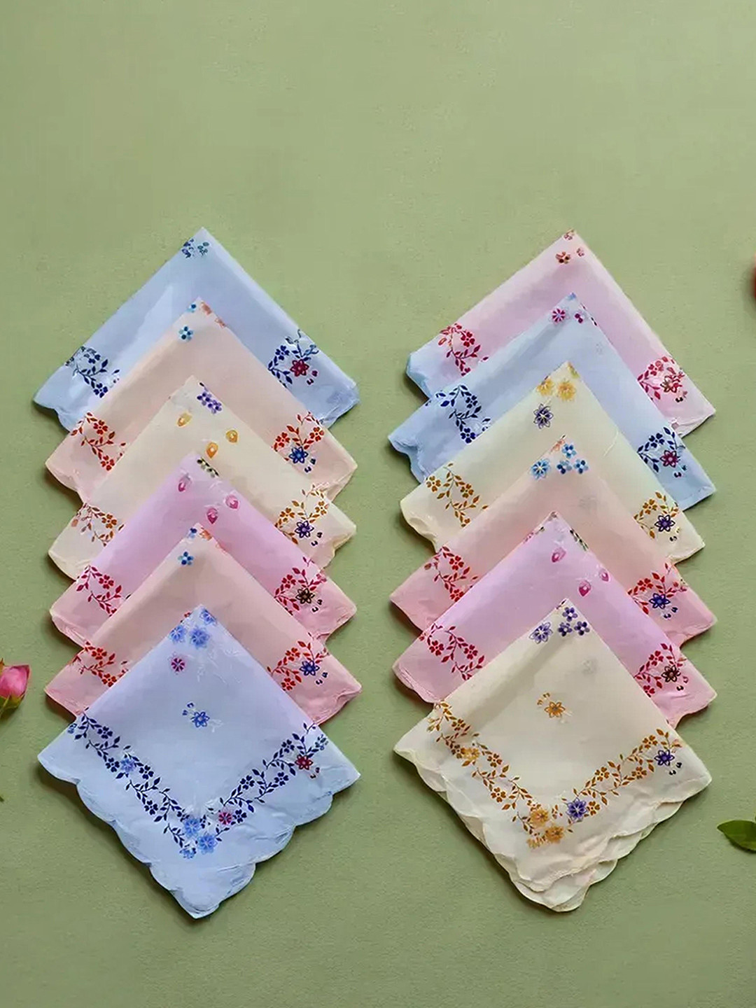 Kuber Industries Women & Girls Set Of 12 Multicolor Leaf Print Cutwork Cotton Hankies