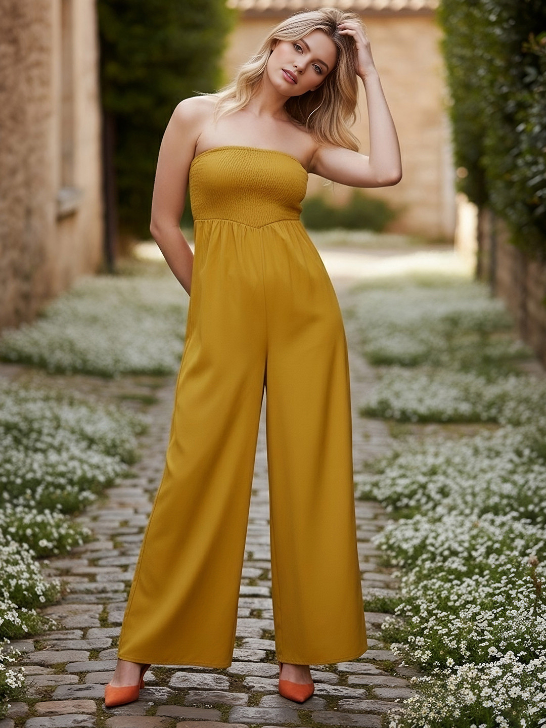 Berrylush Yellow Strapless Wide Leg Basic Jumpsuit