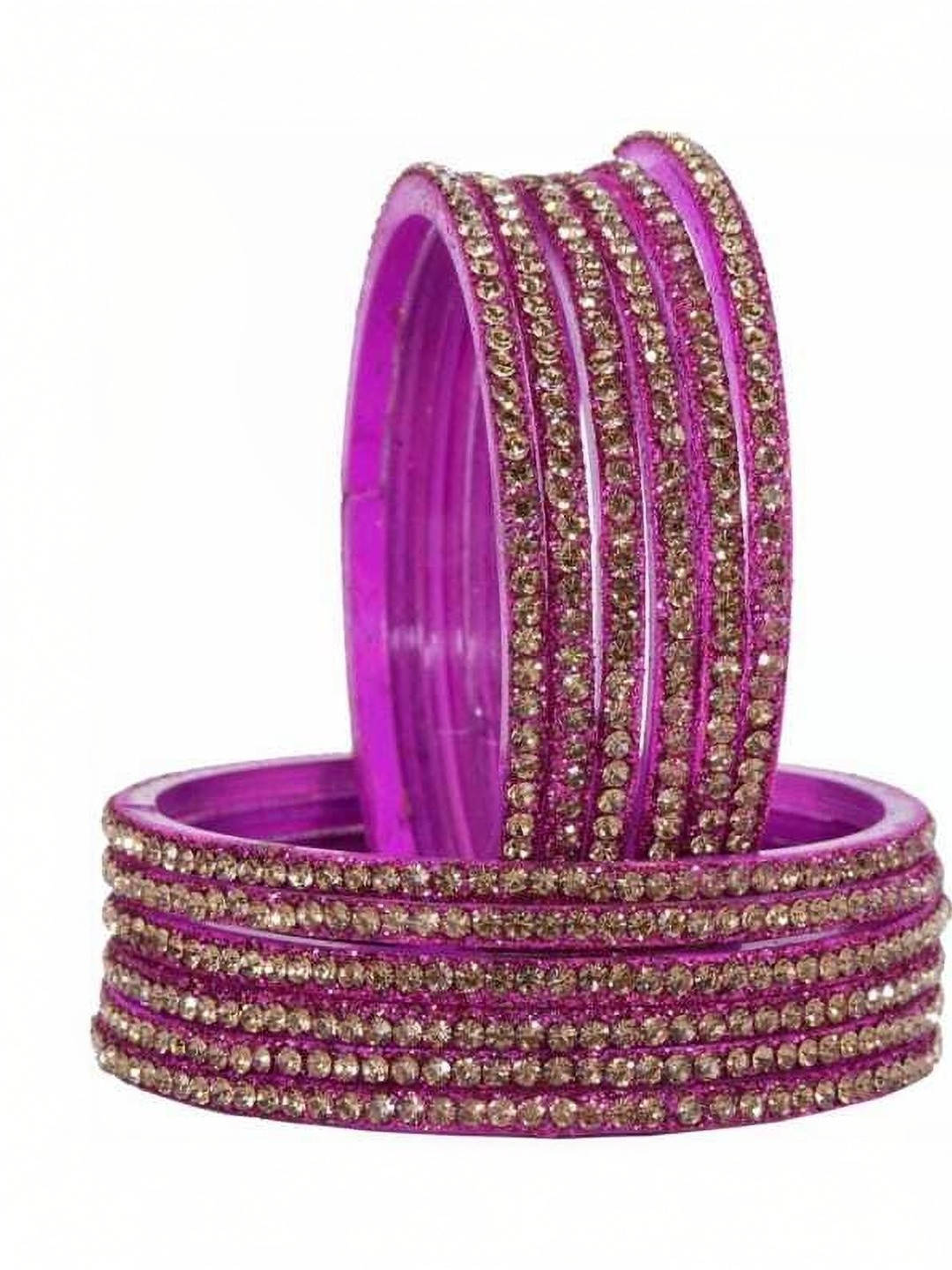 SHRASHTI Set Of 12 Gold-Plated & Magenta Glass Zircon Bangle