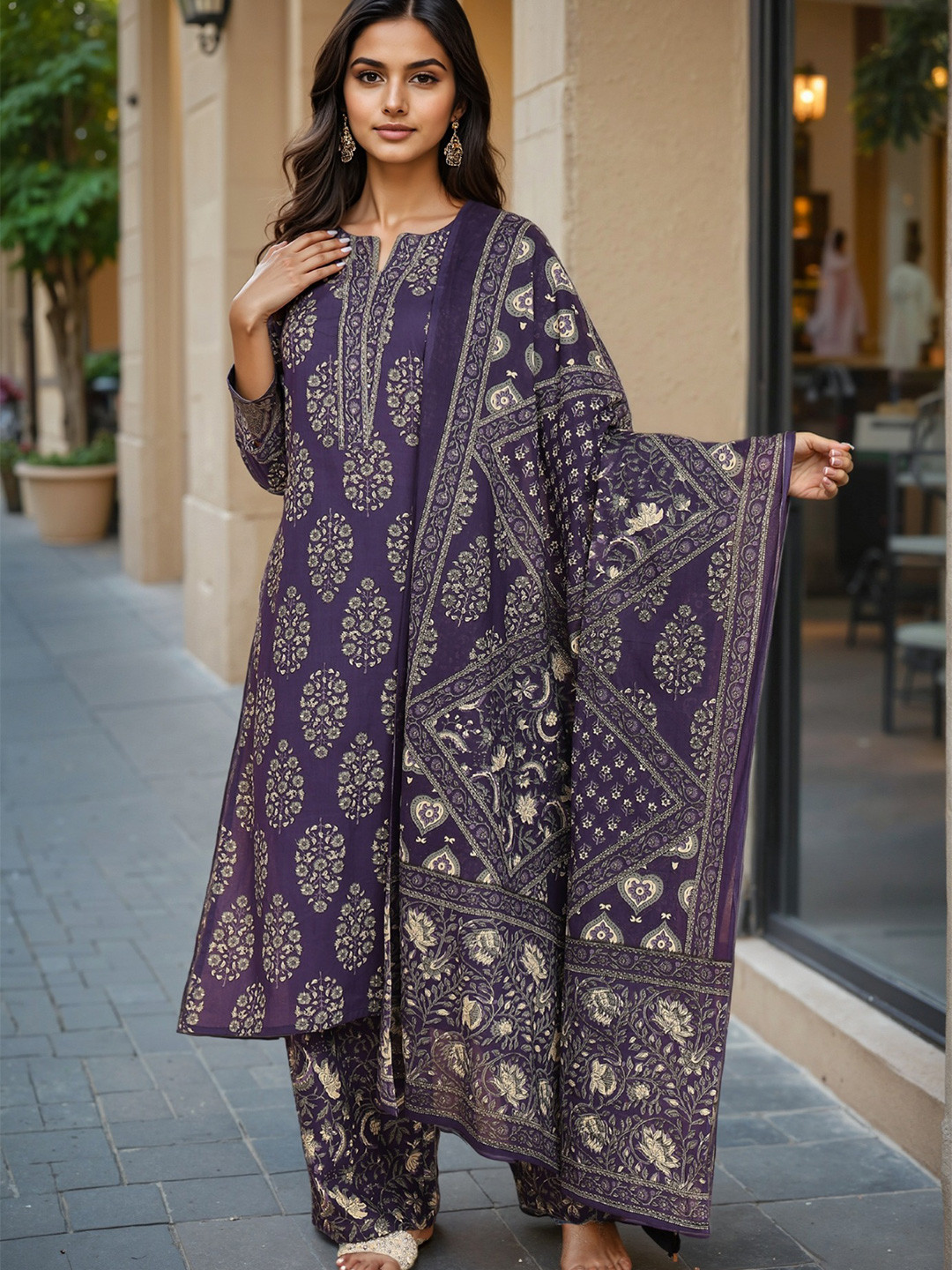 GULMEHAK Women Ethnic Motifs Printed Pure Cotton Kurta with Palazzos & Dupatta