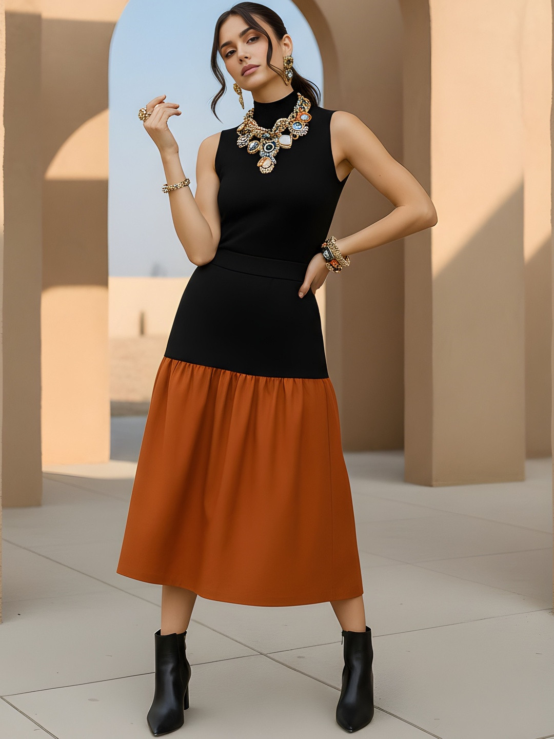 Dora Dori Colourblocked A-Line Midi Skirt