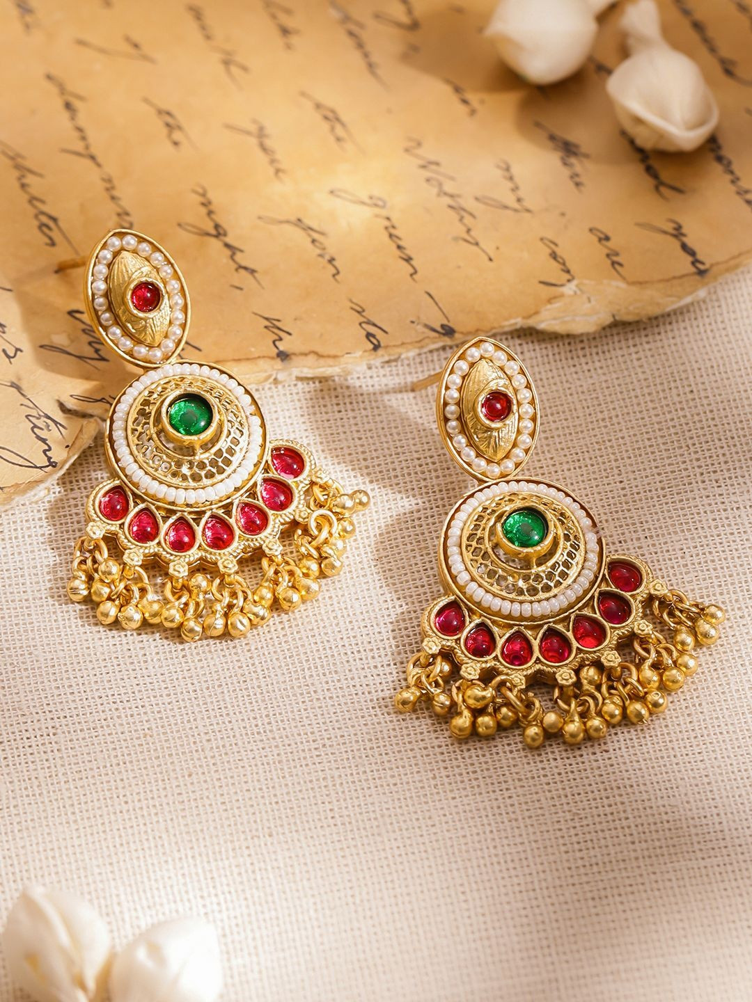 Rubans 18K Gold-Plated  Red & Green Stone Chandbali Earrings with Pearls & Golden Beads