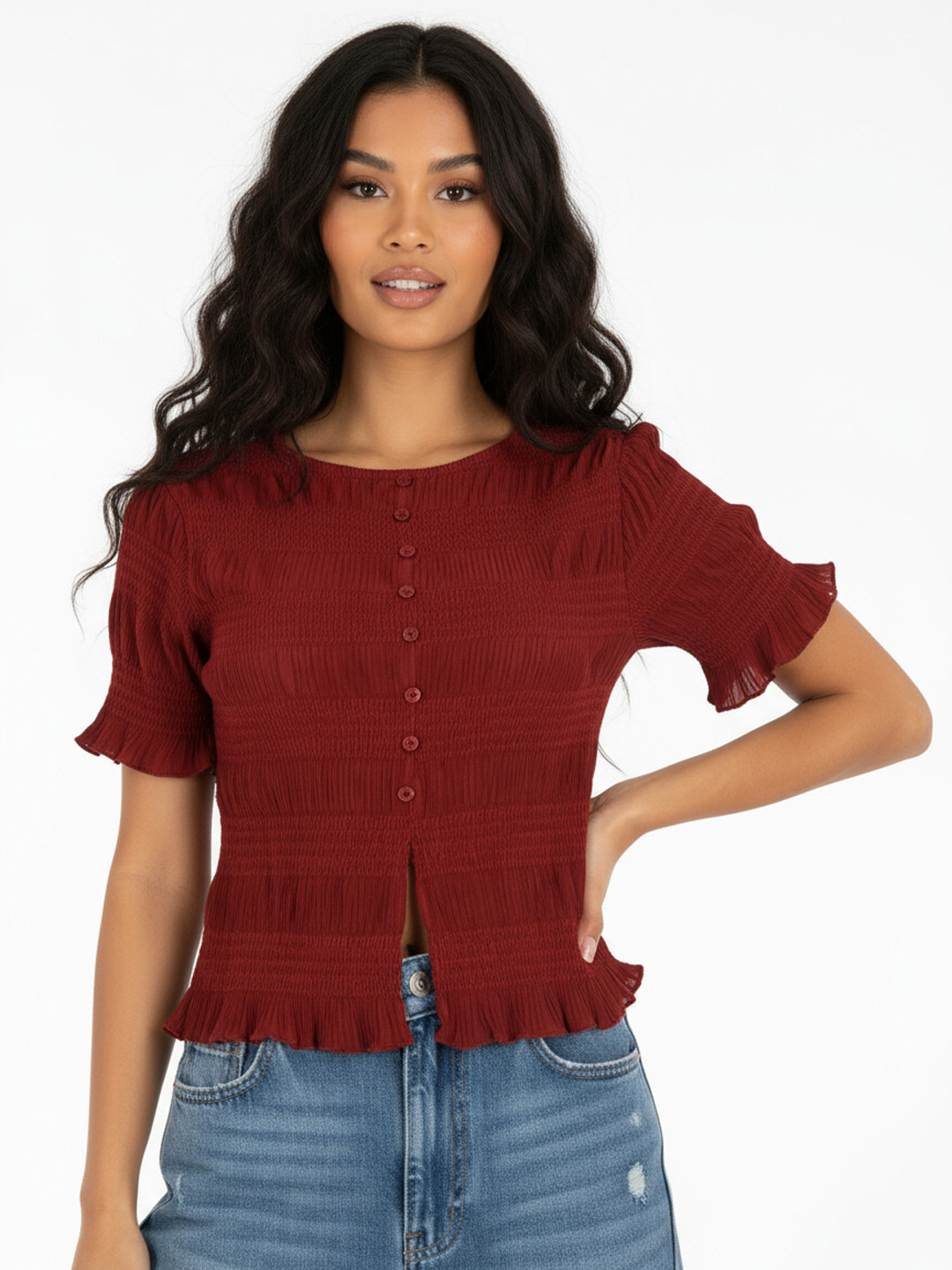 glitchez Button Detail Smocked Top with Slits