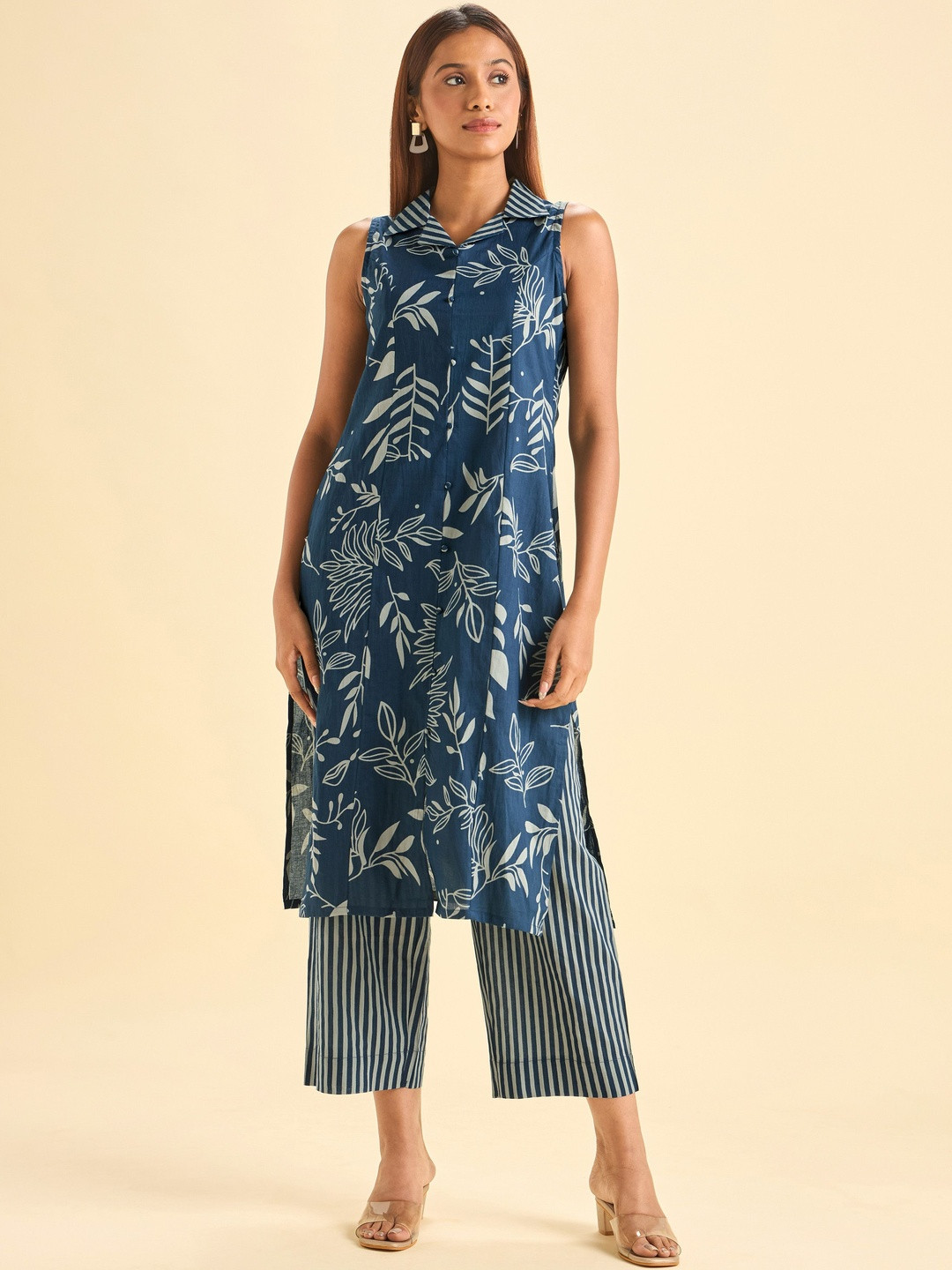Vismay Botanical Printed Shirt Collar Pure Cotton Kurti