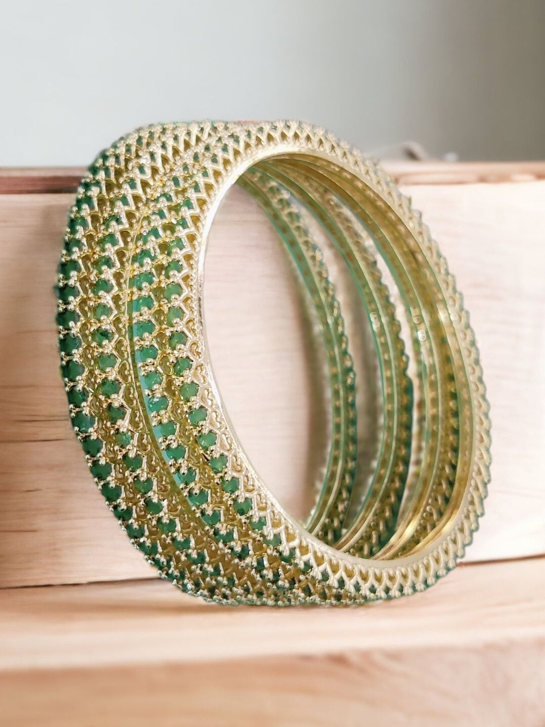 Opal Touch Set Of 4 Gold-Plated & Green Brass American Diamond Bangle