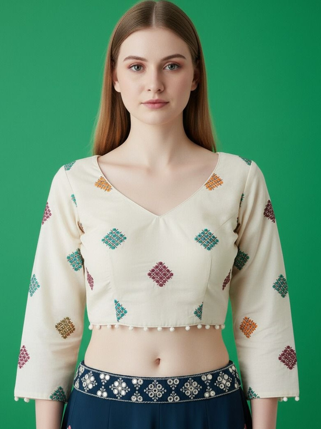 HERE&NOW Embroidered Alterable Cotton Saree Blouse with Elegant Design