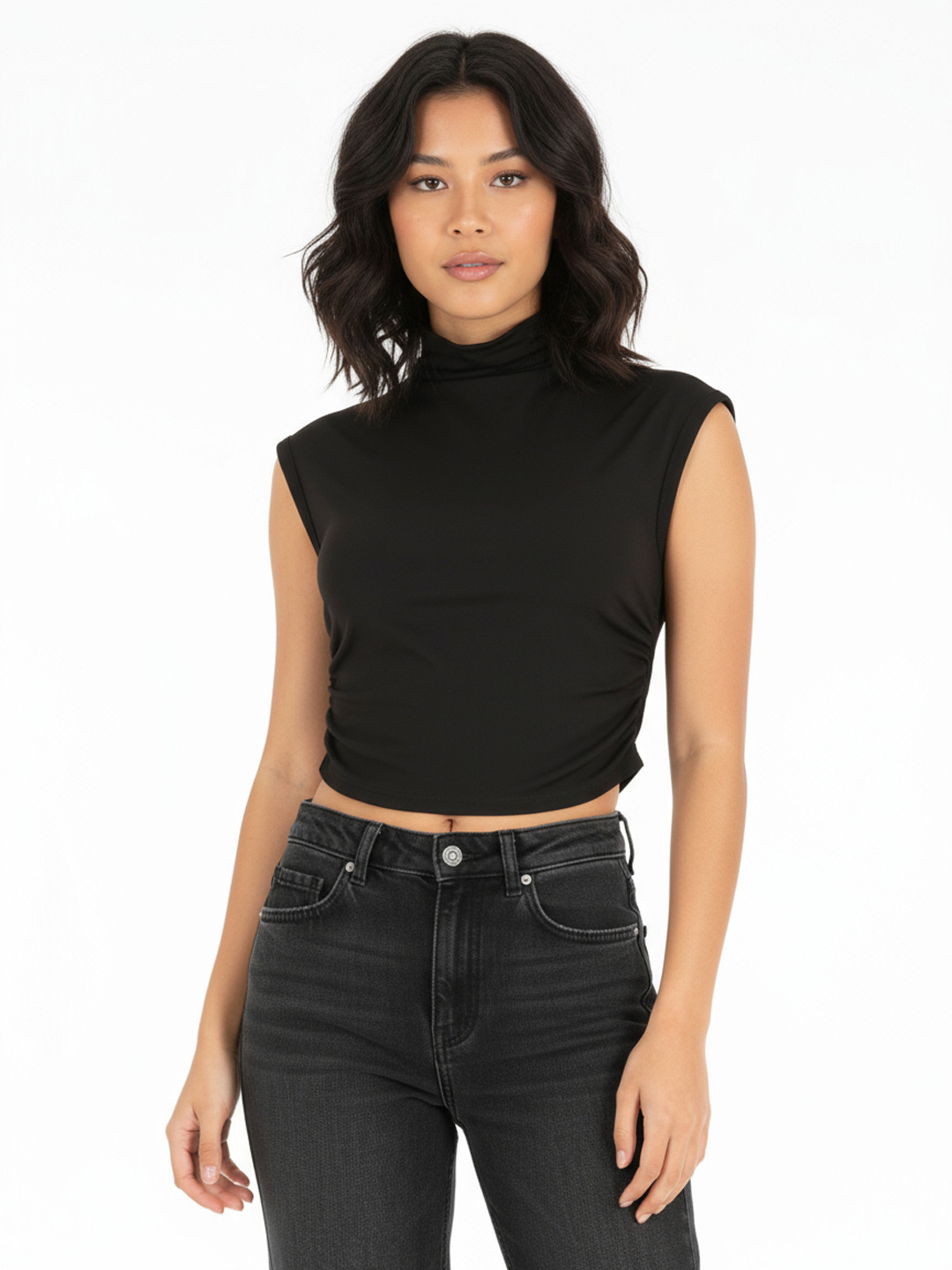glitchez High Neck Gathered Detail Crop Top