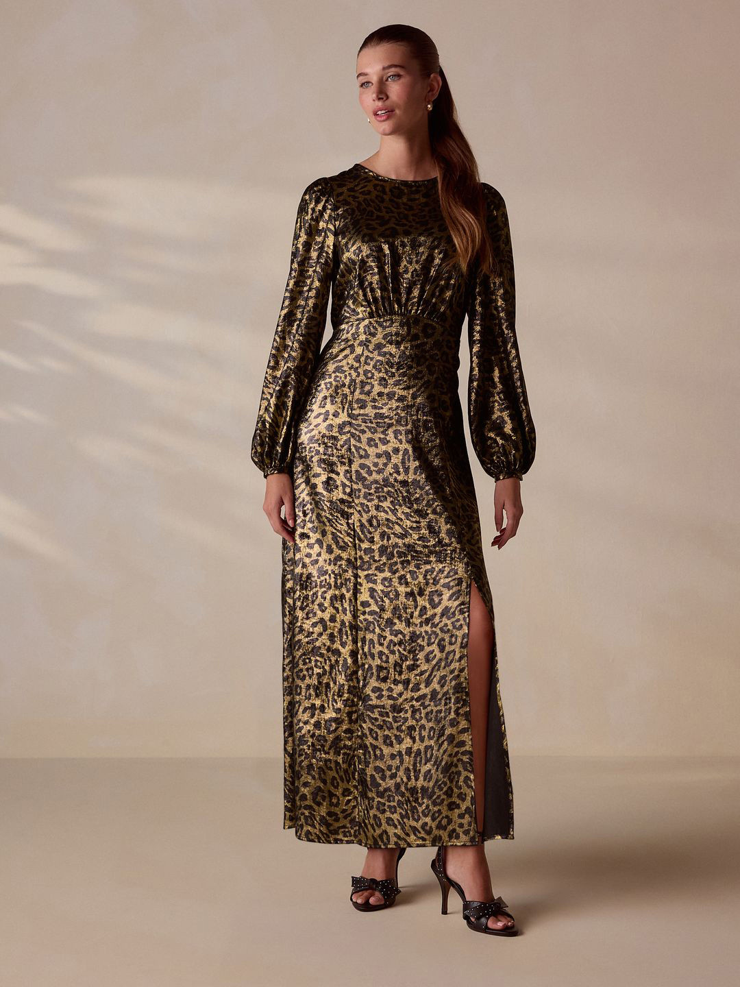 NEXT Animal Print Puff Sleeves A-Line Midi Dress