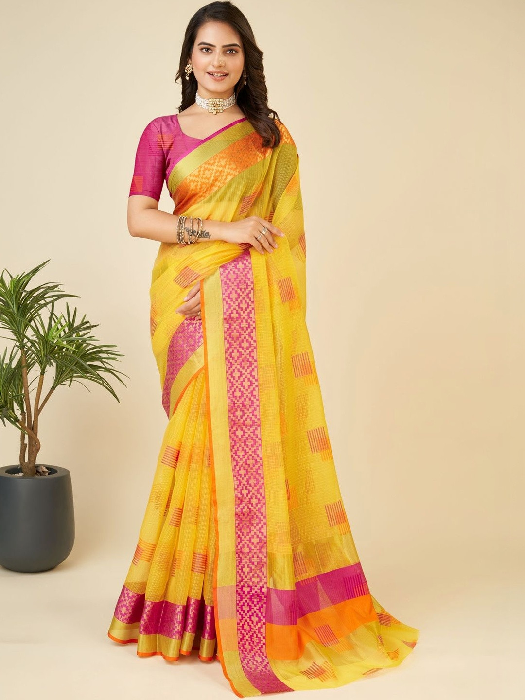 VS MALL Yellow Soft Silk Saree